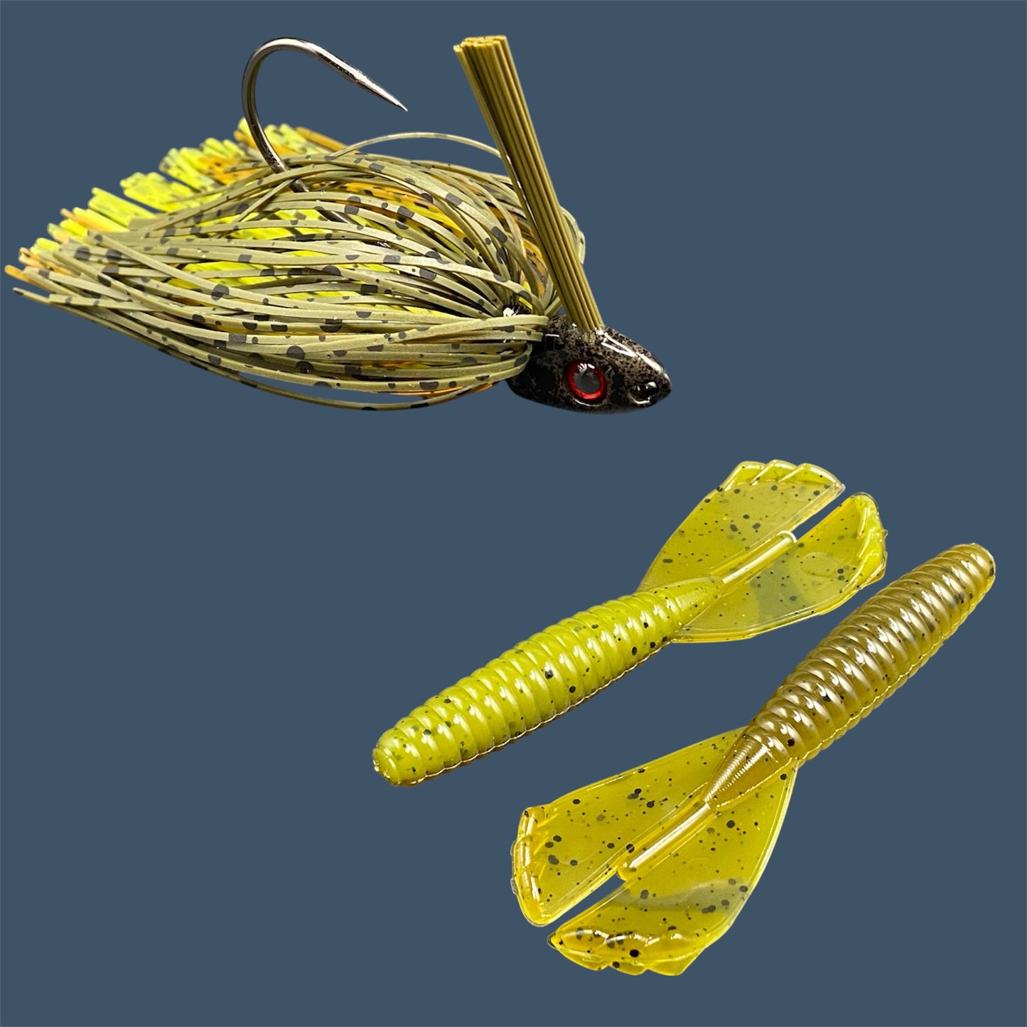 Fishing lure bundle with a high-quality jig and soft plastic bait, perfect for freshwater and saltwater fishing with a variety of soft plastic lures. Shown here in color Ol' Skool (Green Pumpkin) is a hand tied green pumpkin swim jig paired with Big League Bait Grub 3.5"