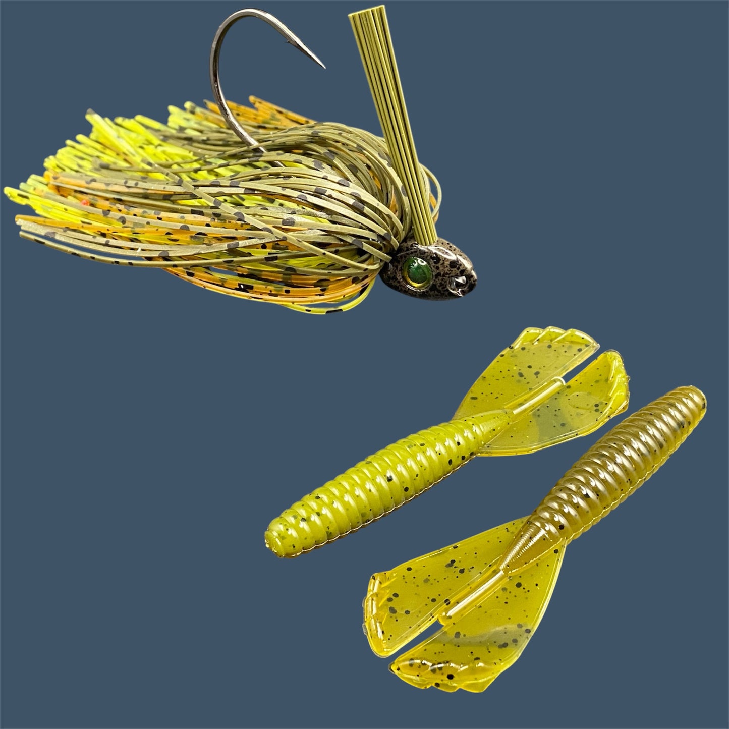 Fishing lure bundle with a high-quality jig and soft plastic bait, perfect for freshwater and saltwater fishing with a variety of soft plastic lures. Shown here in color Ol' Skool (Green Pumpkin) is a hand tied green pumpkin swim jig paired with Big League Bait Grub 3.5"