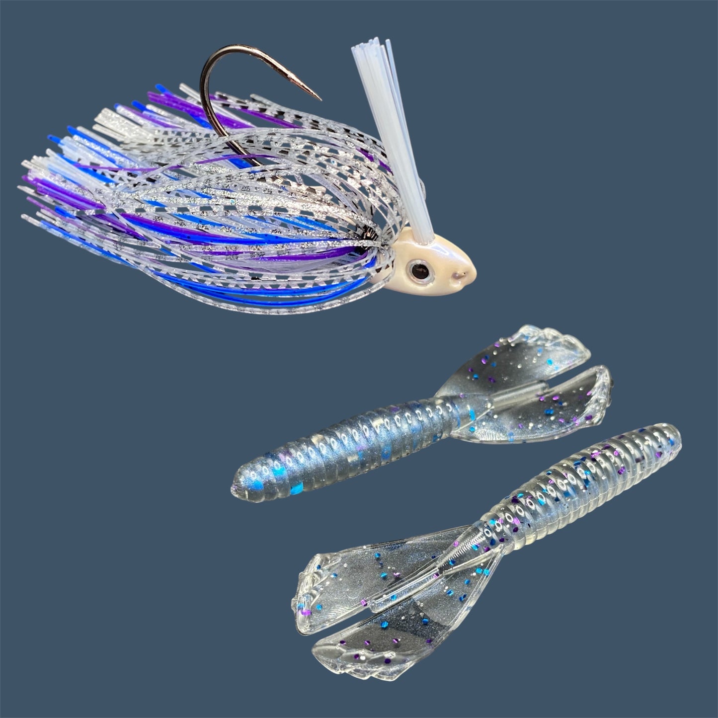 Fishing lure bundle with a high-quality jig and soft plastic bait, perfect for freshwater and saltwater fishing with a variety of soft plastic lures. Shown here in color Smoke Show (Smoke over Blue Pearl) is a hand tied white swim jig paired with Big League Bait Grub 3.5"