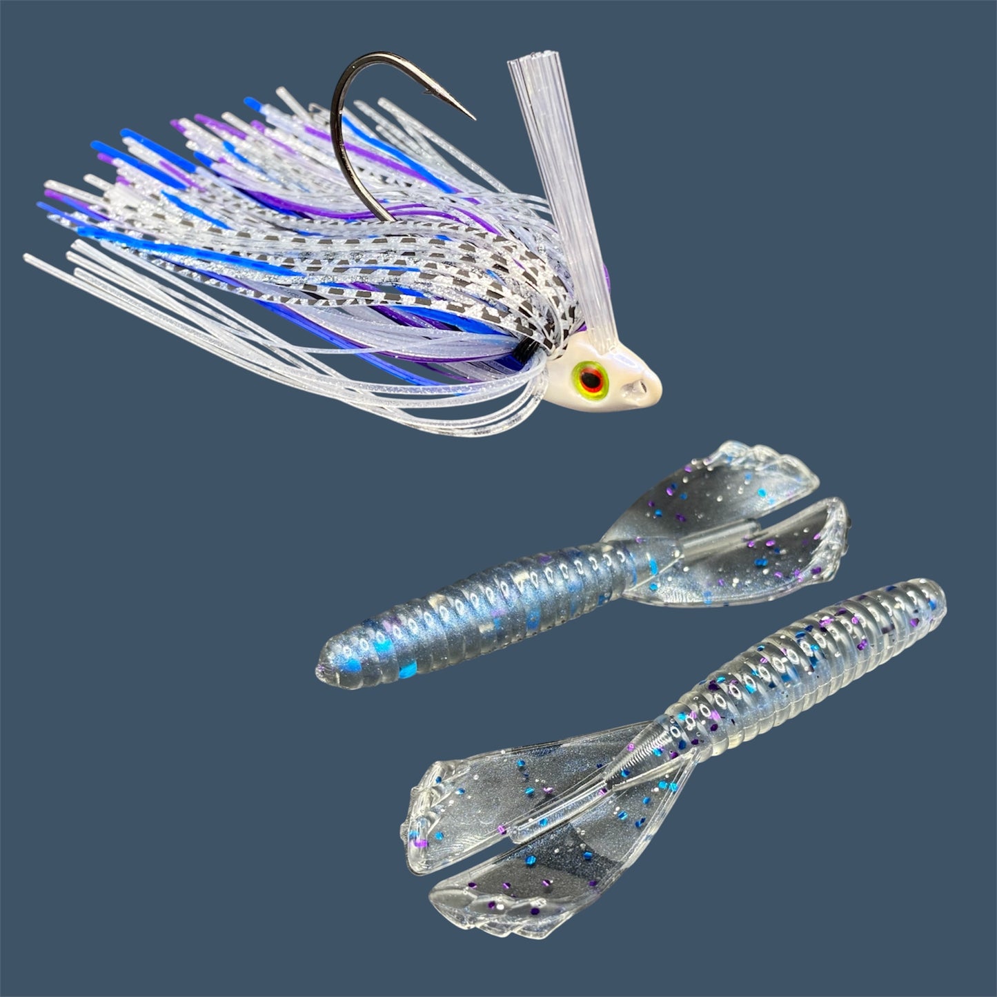 Fishing lure bundle with a high-quality jig and soft plastic bait, perfect for freshwater and saltwater fishing with a variety of soft plastic lures. Shown here in color Smoke Show (Smoke over Blue Pearl) is a hand tied white swim jig paired with Big League Bait Grub 3.5"