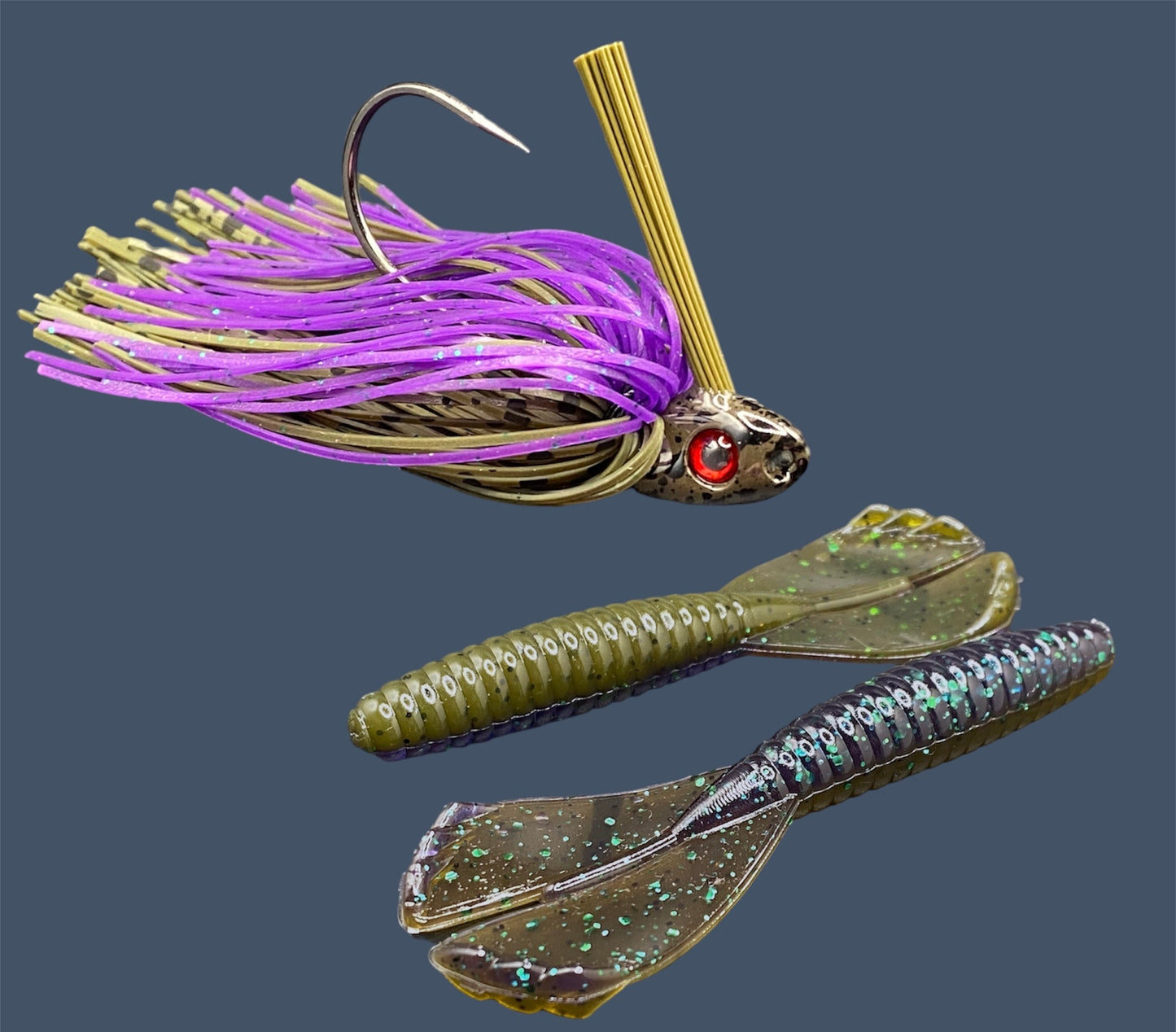 Fishing lure bundle with a high-quality jig and soft plastic bait, perfect for freshwater and saltwater fishing with a variety of soft plastic lures. Shown here in color Swamp Juice (Purple over Green Pumpkin) is a hand tied Green Pumpkin swim jig paired with Big League Bait Grub 3.5"
