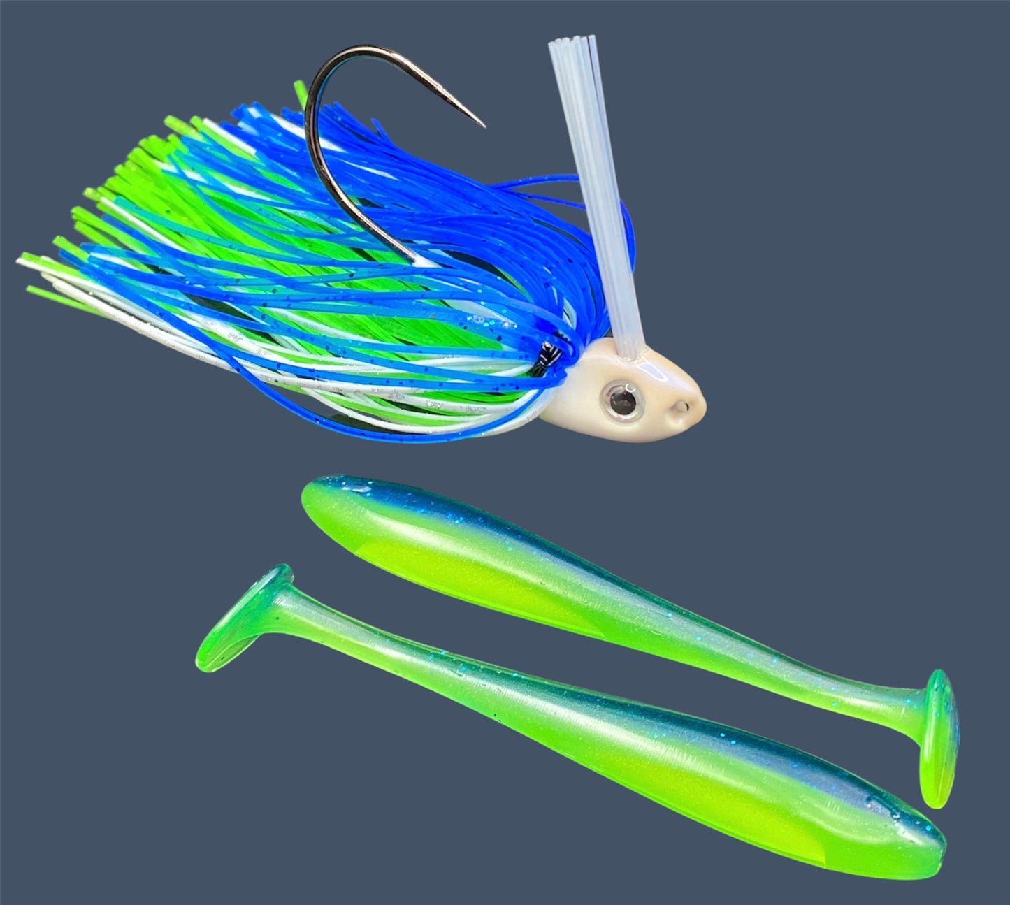Fishing lure bundle with a high-quality jig and soft plastic bait, perfect for freshwater and saltwater fishing with a variety of soft plastic lures. Shown here in color Blue Chartreuse (Bright Blue and Green) is a hand tied white swim jig paired with Big League Bait Pro Swim (Swim bait style soft plastic lure)