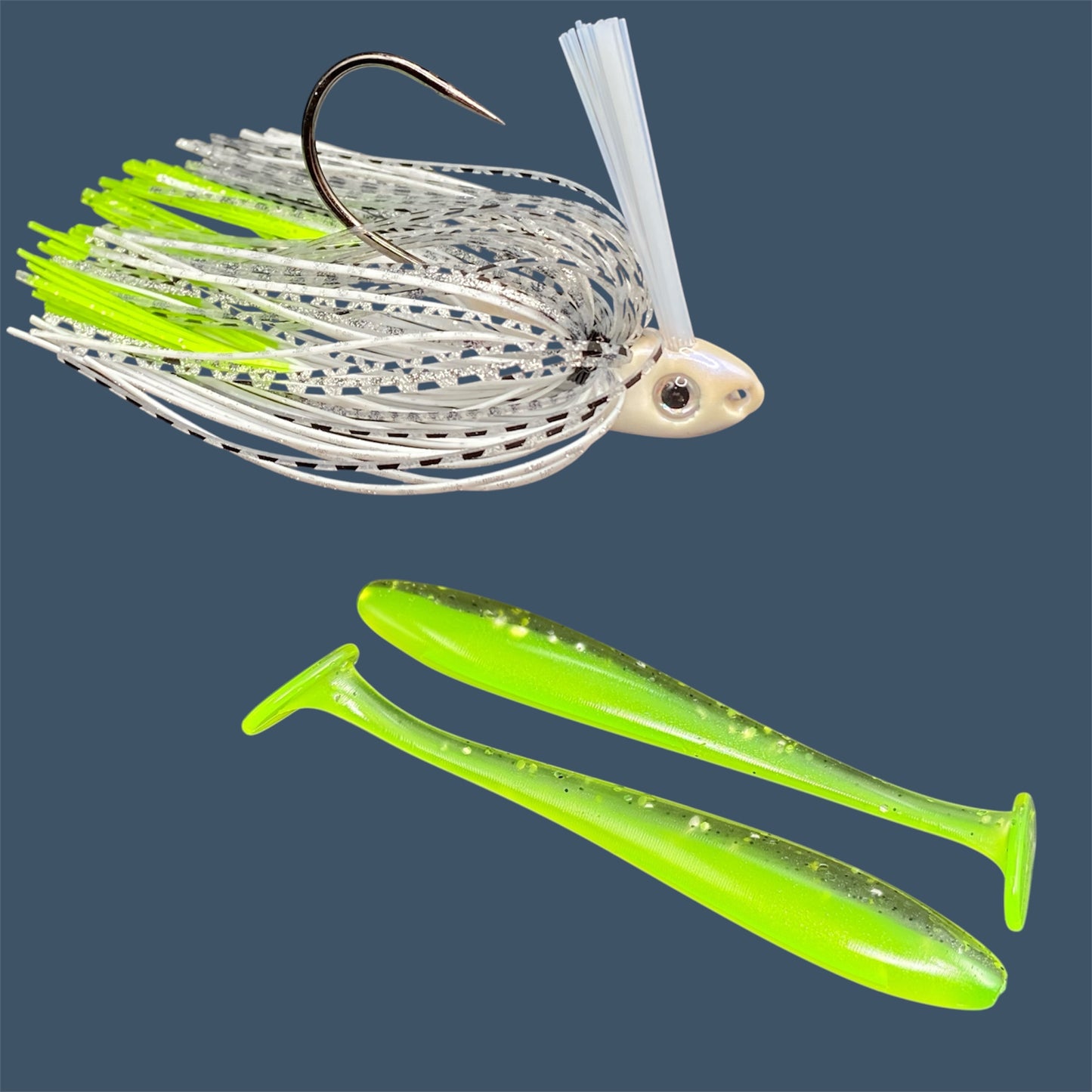 Fishing lure bundle with a high-quality jig and soft plastic bait, perfect for freshwater and saltwater fishing with a variety of soft plastic lures. Shown here in color Chartreuse Shad is a hand tied white swim jig paired with Big League Bait Pro Swim (Swim bait style soft plastic lure)