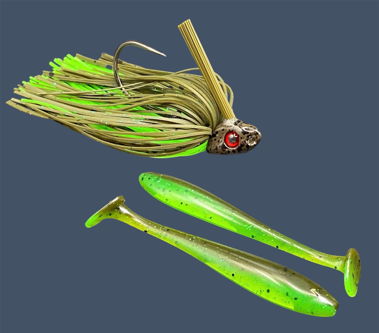 Fishing lure bundle with a high-quality jig and soft plastic bait, perfect for freshwater and saltwater fishing with a variety of soft plastic lures. Shown here in color Envy (Green Pumpkin over Green) is a hand tied Green Pumpkin swim jig paired with Big League Bait Pro Swim (Swim bait style soft plastic lure)
