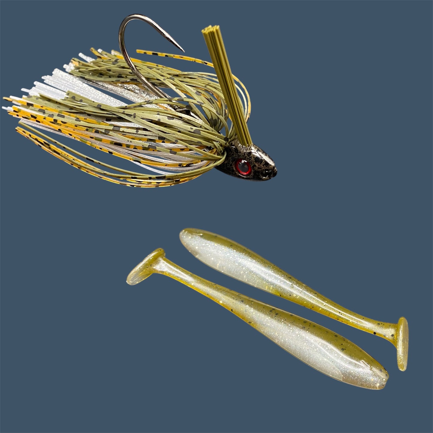 Fishing lure bundle with a high-quality jig and soft plastic bait, perfect for freshwater and saltwater fishing with a variety of soft plastic lures. Shown here in color GP Flash (Green Pumpkin and Silver) is a hand tied Green Pumpkin swim jig paired with Big League Bait Pro Swim (Swim bait style soft plastic lure)
