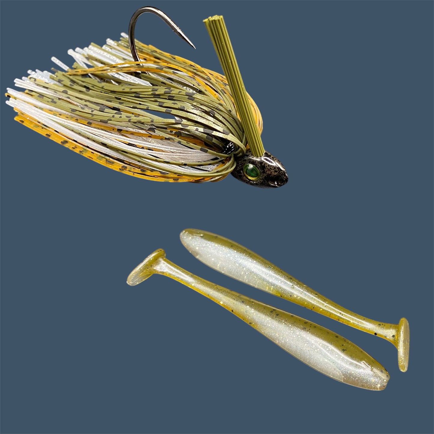 Fishing lure bundle with a high-quality jig and soft plastic bait, perfect for freshwater and saltwater fishing with a variety of soft plastic lures. Shown here in color GP Flash (Green Pumpkin and Silver) is a hand tied Green Pumpkin swim jig paired with Big League Bait Pro Swim (Swim bait style soft plastic lure)