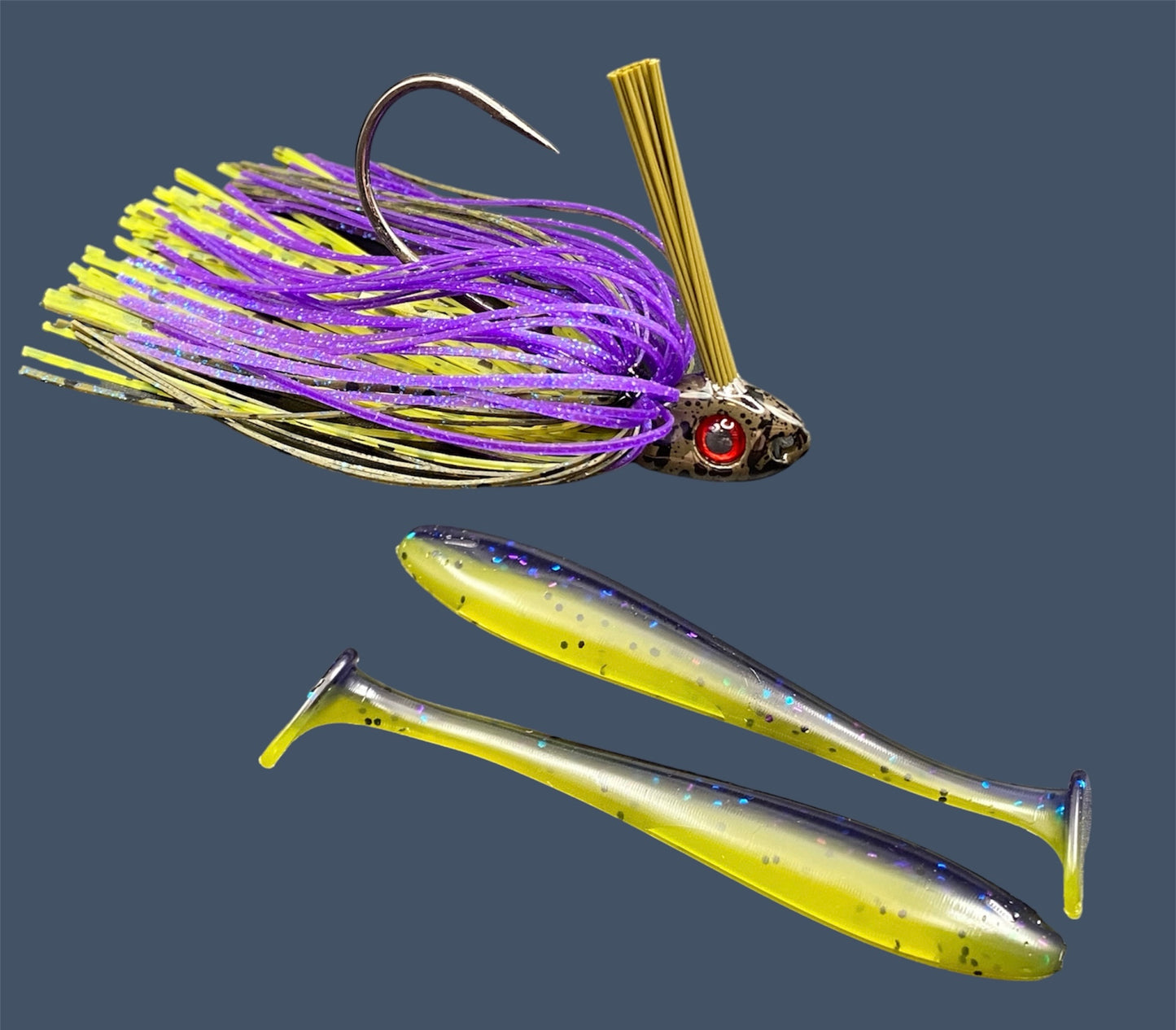 Fishing lure bundle with a high-quality jig and soft plastic bait, perfect for freshwater and saltwater fishing with a variety of soft plastic lures. Shown here in color Luau (Purple over Banana Seed) is a hand tied Green Pumpkin swim jig paired with Big League Bait Pro Swim (Swim bait style soft plastic lure)