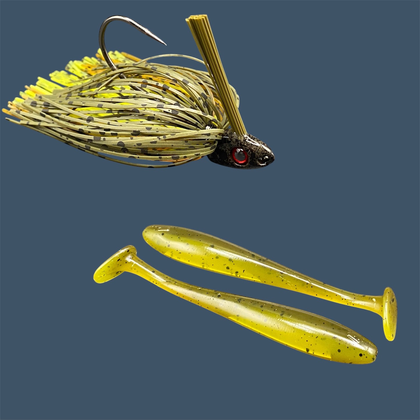 Fishing lure bundle with a high-quality jig and soft plastic bait, perfect for freshwater and saltwater fishing with a variety of soft plastic lures. Shown here in color Ol' Skool (Green Pumpkin) is a hand tied green pumpkin swim jig paired with Big League Bait Pro Swim (Swim bait style soft plastic lure)
