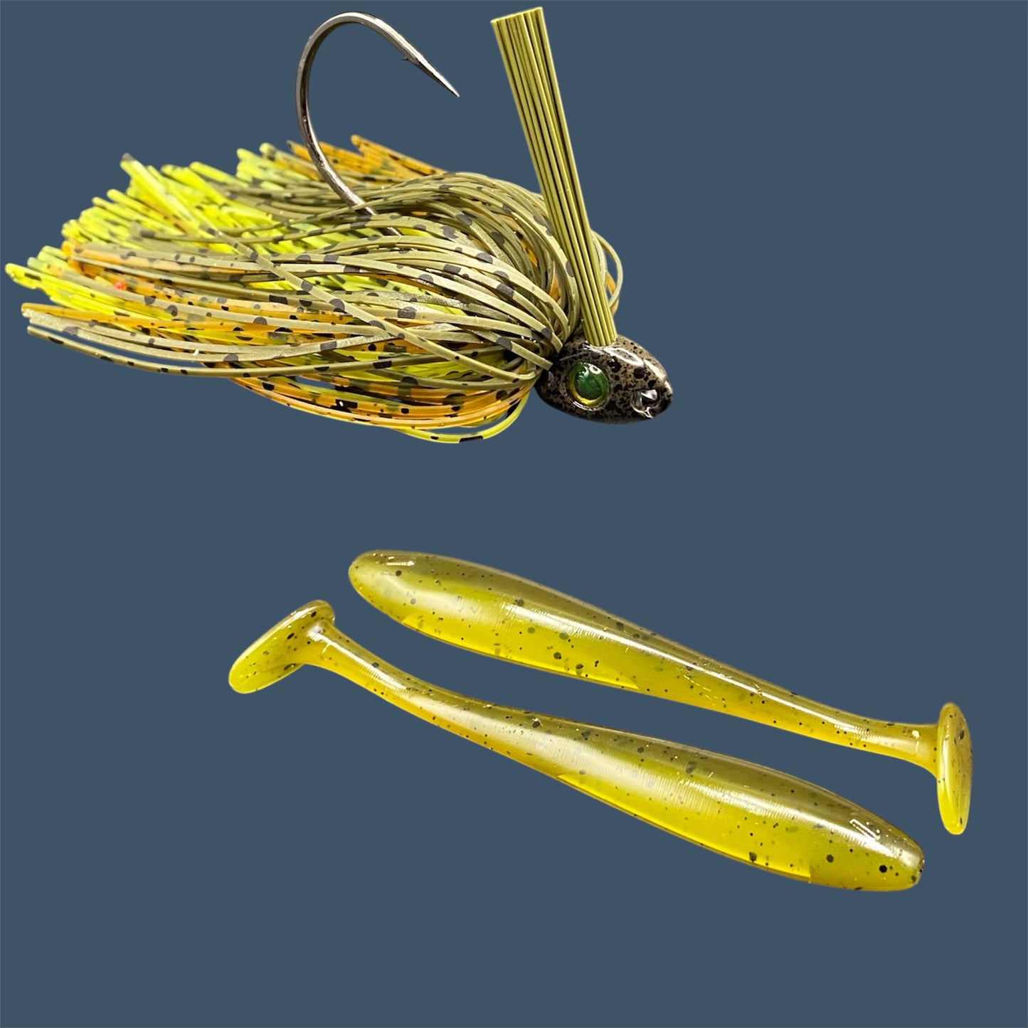 Fishing lure bundle with a high-quality jig and soft plastic bait, perfect for freshwater and saltwater fishing with a variety of soft plastic lures. Shown here in color Ol' Skool (Green Pumpkin) is a hand tied green pumpkin swim jig paired with Big League Bait Pro Swim (Swim bait style soft plastic lure)