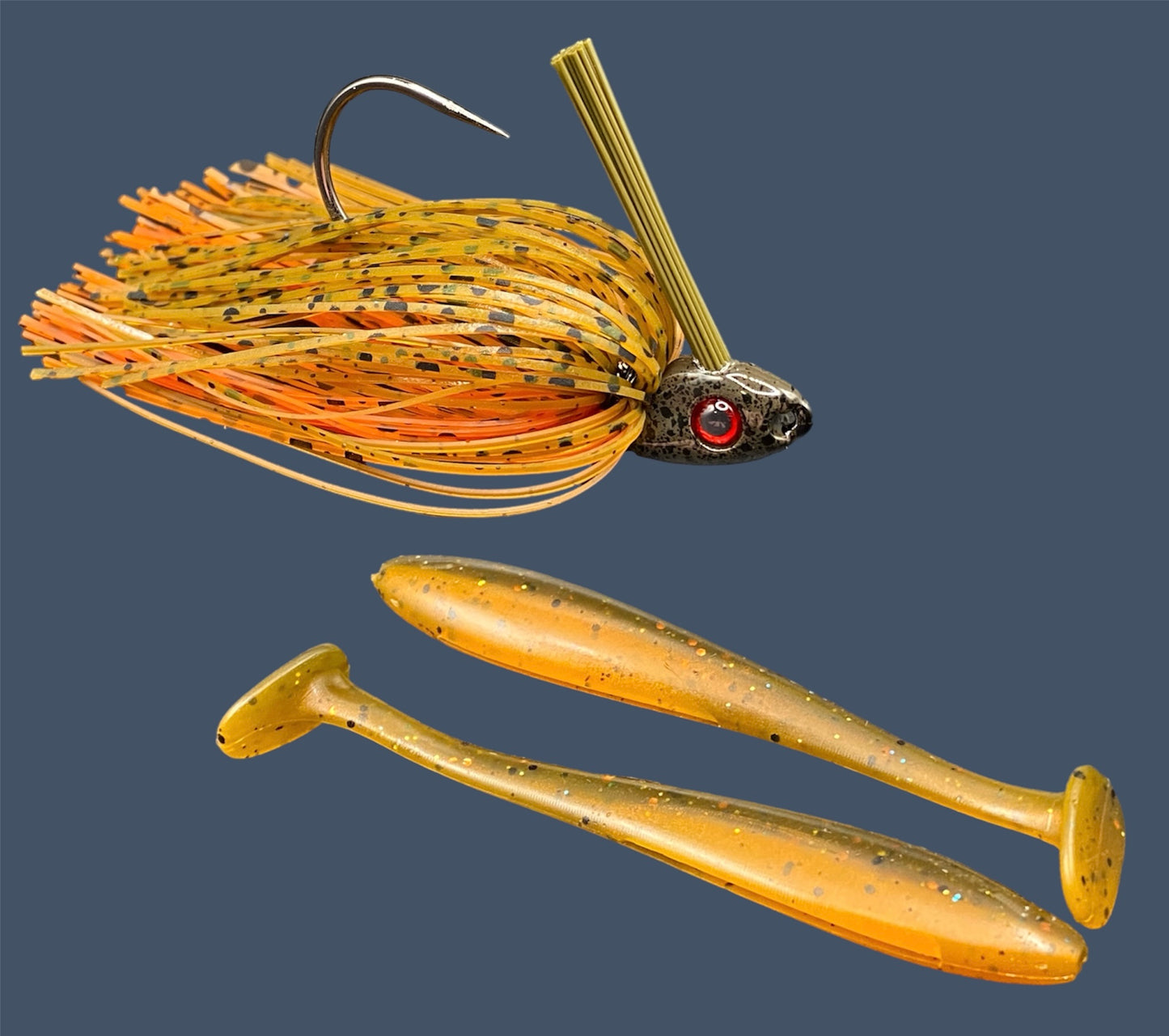Fishing lure bundle with a high-quality jig and soft plastic bait, perfect for freshwater and saltwater fishing with a variety of soft plastic lures. Shown here in color Pumpkin Spice (Green Pumpkin over Orange) is a hand tied Green Pumpkin swim jig paired with Big League Bait Pro Swim (Swim bait style soft plastic lure)