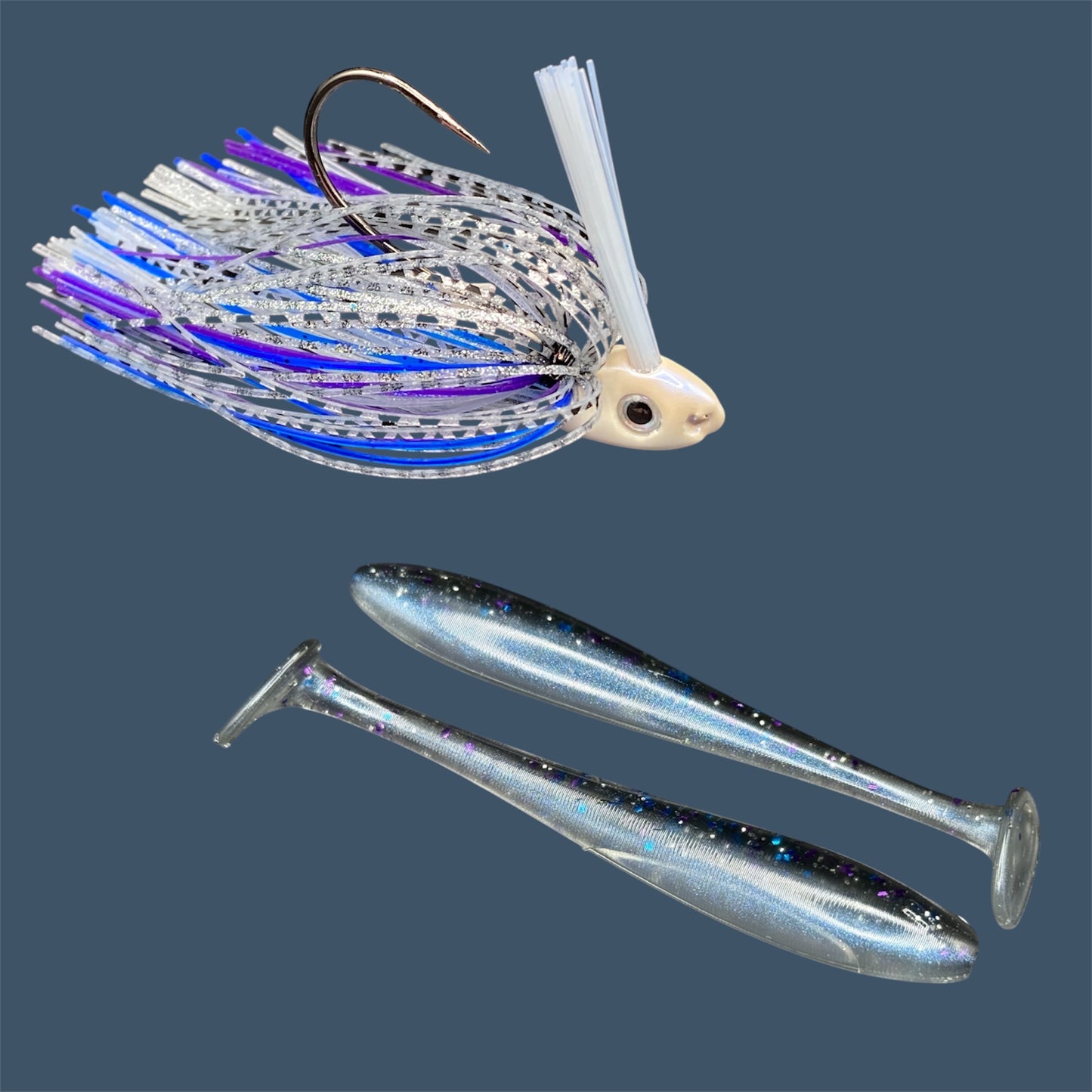 Fishing lure bundle with a high-quality jig and soft plastic bait, perfect for freshwater and saltwater fishing with a variety of soft plastic lures. Shown here in color Smoke Show (Smoke over Blue Pearl) is a hand tied white swim jig paired with Big League Bait Pro Swim (Swim bait style soft plastic lure)