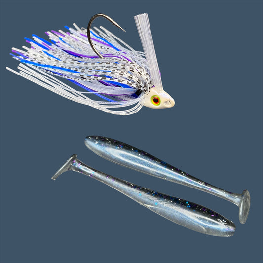 Fishing lure bundle with a high-quality jig and soft plastic bait, perfect for freshwater and saltwater fishing with a variety of soft plastic lures. Shown here in color Smoke Show (Smoke over Blue Pearl) is a hand tied white swim jig paired with Big League Bait Pro Swim (Swim bait style soft plastic lure)