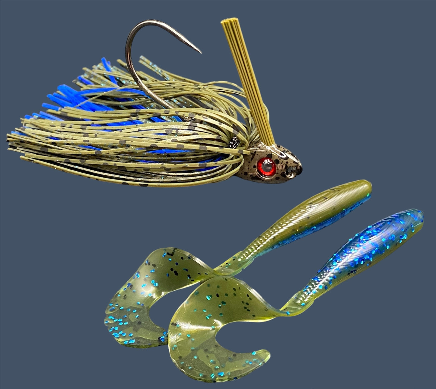 Fishing lure bundle with a high-quality jig and soft plastic bait, perfect for freshwater and saltwater fishing with a variety of soft plastic lures. Shown here in color Big "O" (Green Pumpkin and Blue Flake) is a hand tied Green Pumpkin swim jig paired with Big League Bait Single Tail Grub