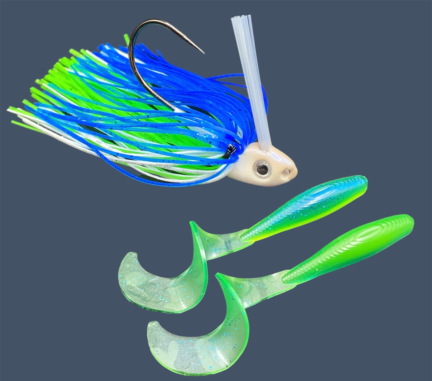 Fishing lure bundle with a high-quality jig and soft plastic bait, perfect for freshwater and saltwater fishing with a variety of soft plastic lures. Shown here in color Blue Chartreuse (Bright Blue and Green) is a hand tied white swim jig paired with Big League Bait Single Tail Grub