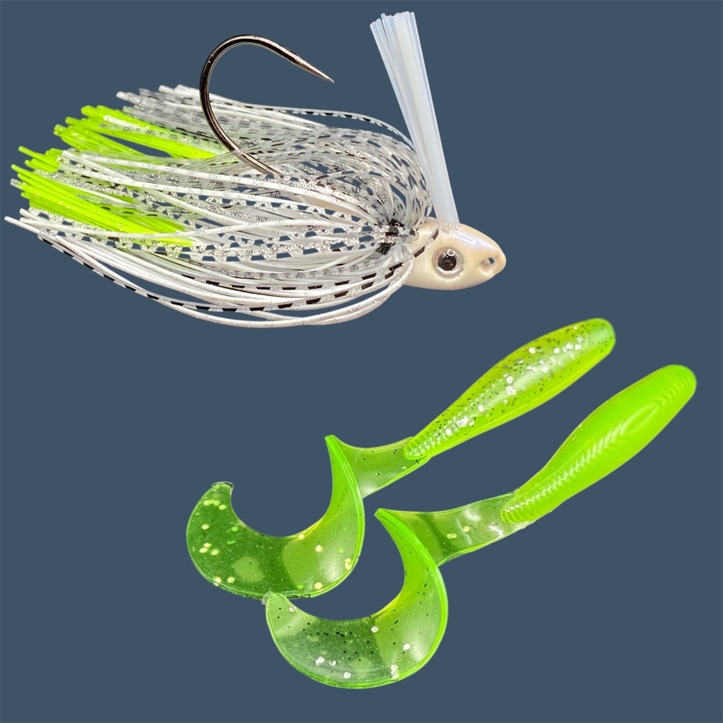 Fishing lure bundle with a high-quality jig and soft plastic bait, perfect for freshwater and saltwater fishing with a variety of soft plastic lures. Shown here in color Chartreuse Shad is a hand tied white swim jig paired with Big League Bait Single Tail Grub