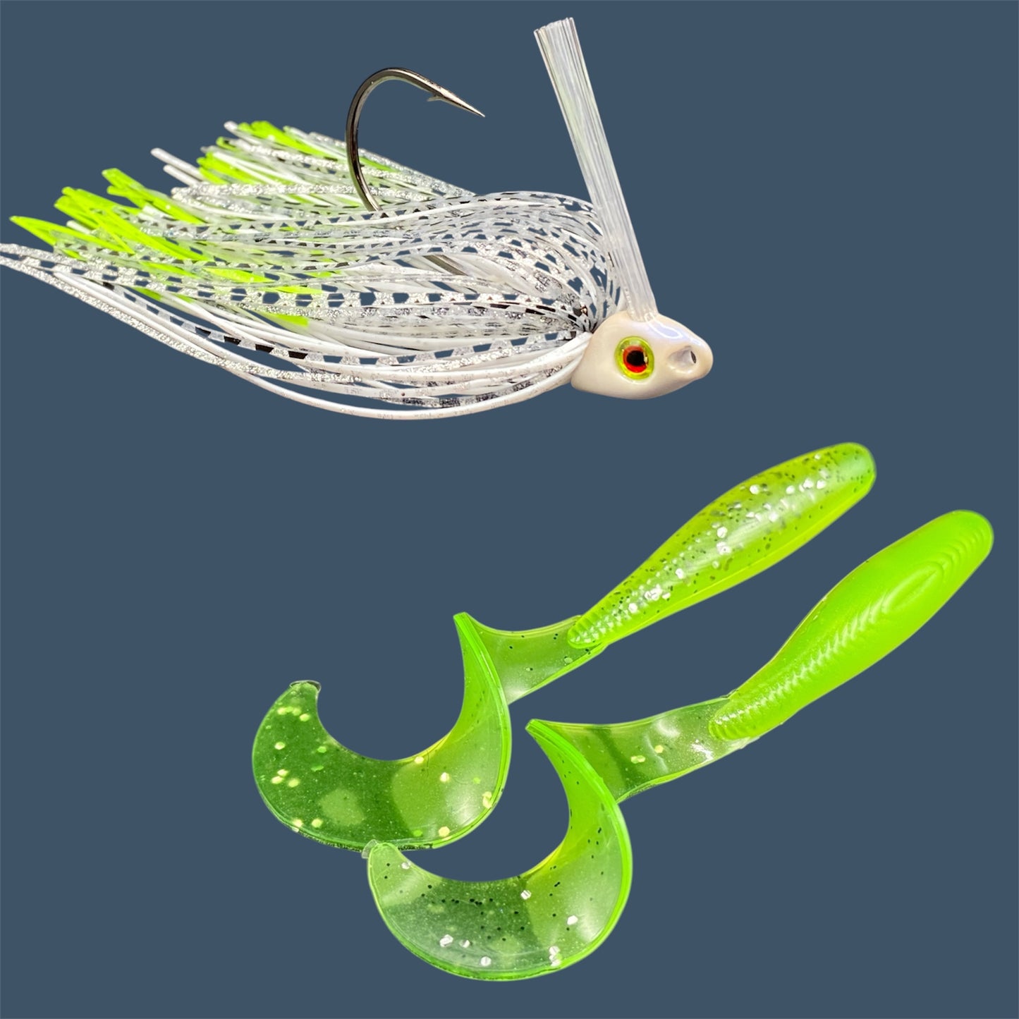 Fishing lure bundle with a high-quality jig and soft plastic bait, perfect for freshwater and saltwater fishing with a variety of soft plastic lures. Shown here in color Chartreuse Shad is a hand tied white swim jig paired with Big League Bait Single Tail Grub