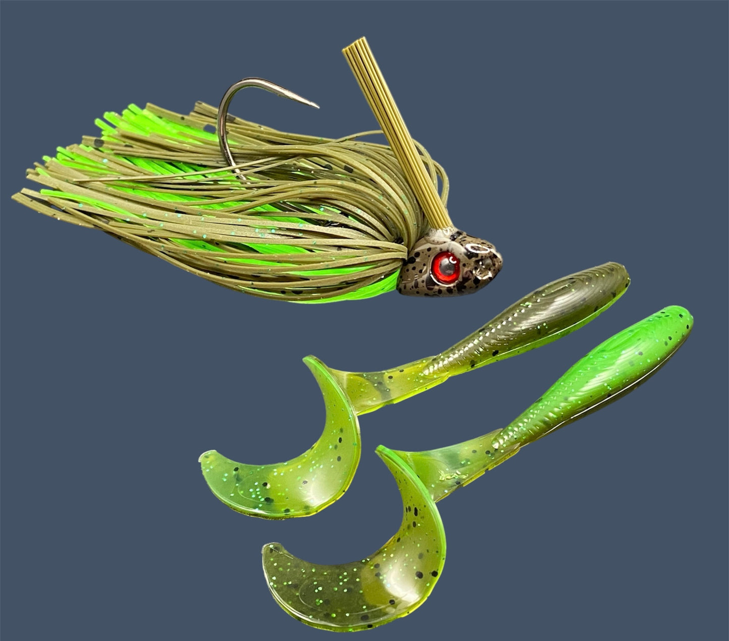 Fishing lure bundle with a high-quality jig and soft plastic bait, perfect for freshwater and saltwater fishing with a variety of soft plastic lures. Shown here in color Envy (Green Pumpkin over Green) is a hand tied Green Pumpkin swim jig paired with Big League Bait Single Tail Grub