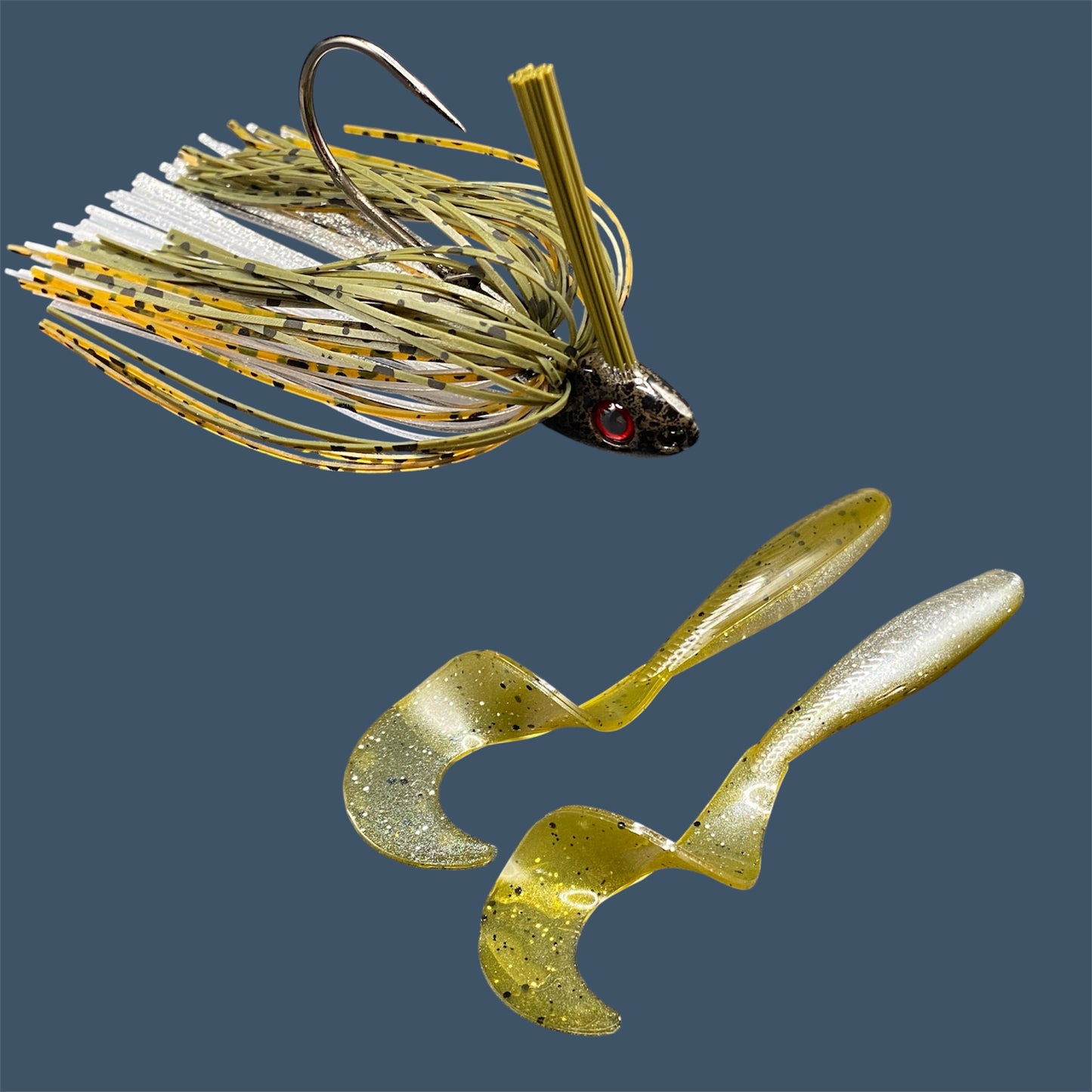 Fishing lure bundle with a high-quality jig and soft plastic bait, perfect for freshwater and saltwater fishing with a variety of soft plastic lures. Shown here in color GP Flash (Green Pumpkin and Silver) is a hand tied Green Pumpkin swim jig paired with Big League Bait Single Tail Grub