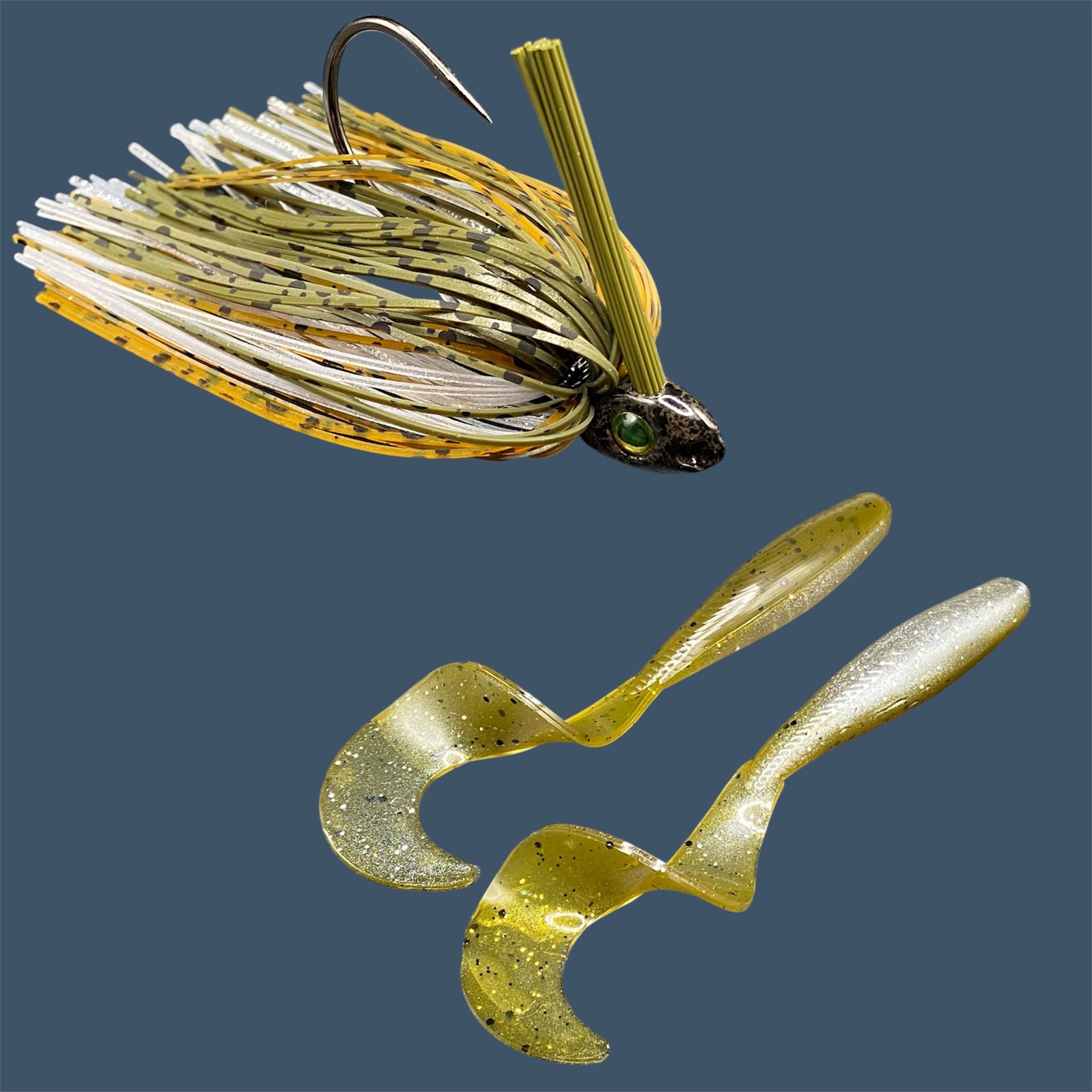 Fishing lure bundle with a high-quality jig and soft plastic bait, perfect for freshwater and saltwater fishing with a variety of soft plastic lures. Shown here in color GP Flash (Green Pumpkin and Silver) is a hand tied Green Pumpkin swim jig paired with Big League Bait Single Tail Grub