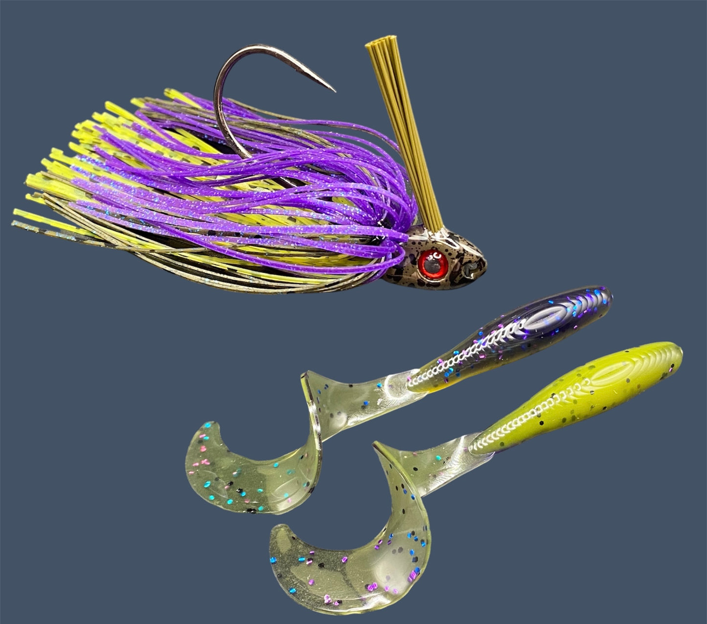 Fishing lure bundle with a high-quality jig and soft plastic bait, perfect for freshwater and saltwater fishing with a variety of soft plastic lures. Shown here in color Luau (Purple over Banana Seed) is a hand tied Green Pumpkin swim jig paired with Big League Bait Single Tail Grub