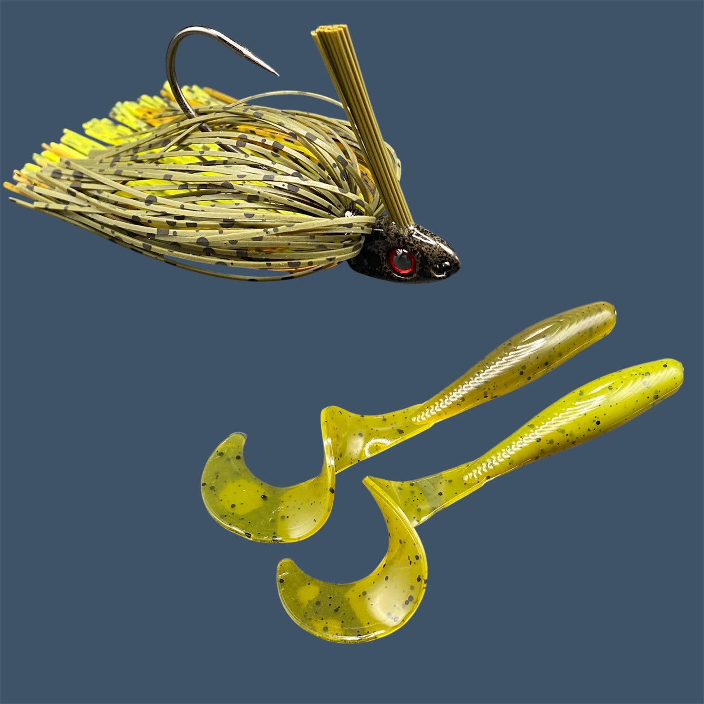 Fishing lure bundle with a high-quality jig and soft plastic bait, perfect for freshwater and saltwater fishing with a variety of soft plastic lures. Shown here in color Ol' Skool (Green Pumpkin) is a hand tied green pumpkin swim jig paired with Big League Bait Single Tail Grub
