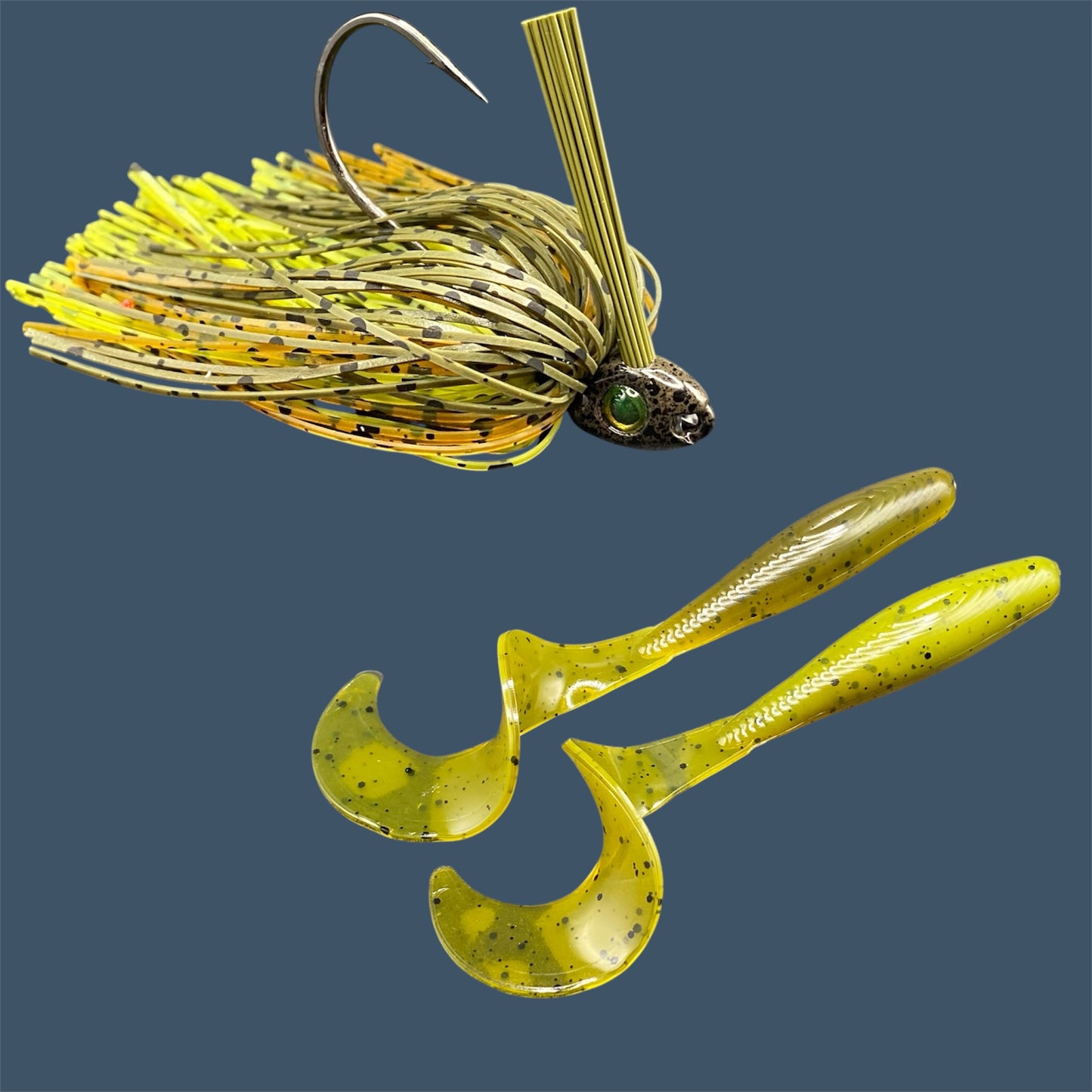 Fishing lure bundle with a high-quality jig and soft plastic bait, perfect for freshwater and saltwater fishing with a variety of soft plastic lures. Shown here in color Ol' Skool (Green Pumpkin) is a hand tied green pumpkin swim jig paired with Big League Bait Single Tail Grub