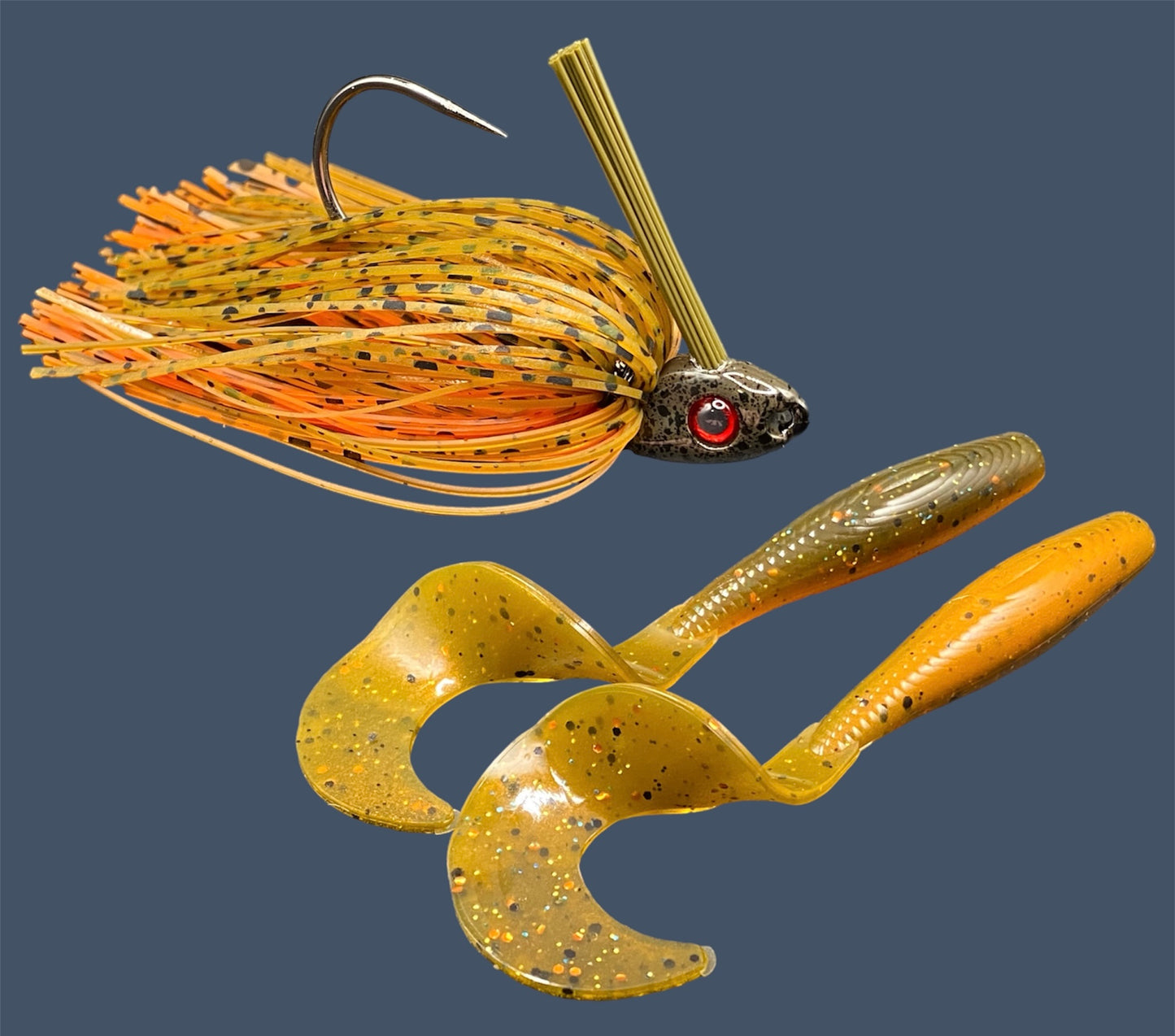 Fishing lure bundle with a high-quality jig and soft plastic bait, perfect for freshwater and saltwater fishing with a variety of soft plastic lures. Shown here in color Pumpkin Spice (Green Pumpkin over Orange) is a hand tied Green Pumpkin swim jig paired with Big League Bait Single Tail Grub