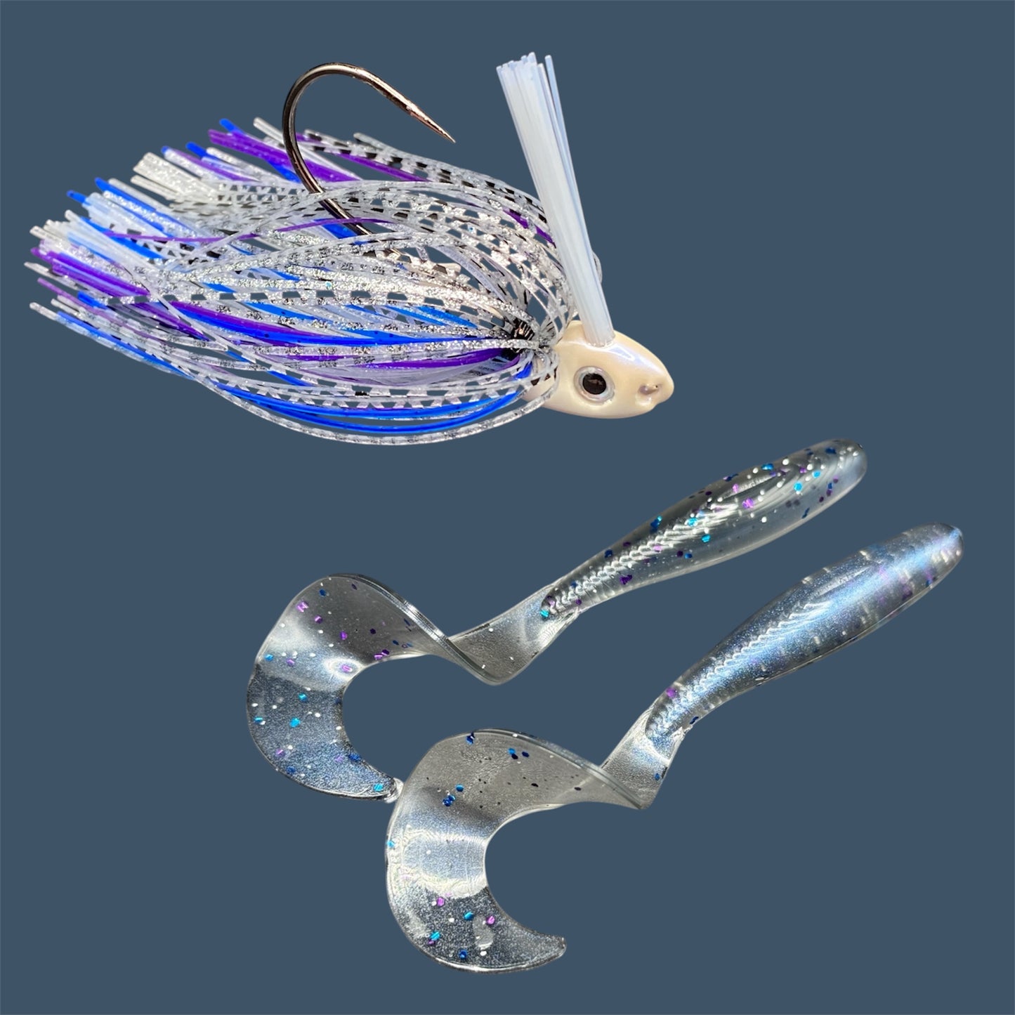 Fishing lure bundle with a high-quality jig and soft plastic bait, perfect for freshwater and saltwater fishing with a variety of soft plastic lures. Shown here in color Smoke Show (Smoke over Blue Pearl) is a hand tied white swim jig paired with Big League Bait Single Tail Grub