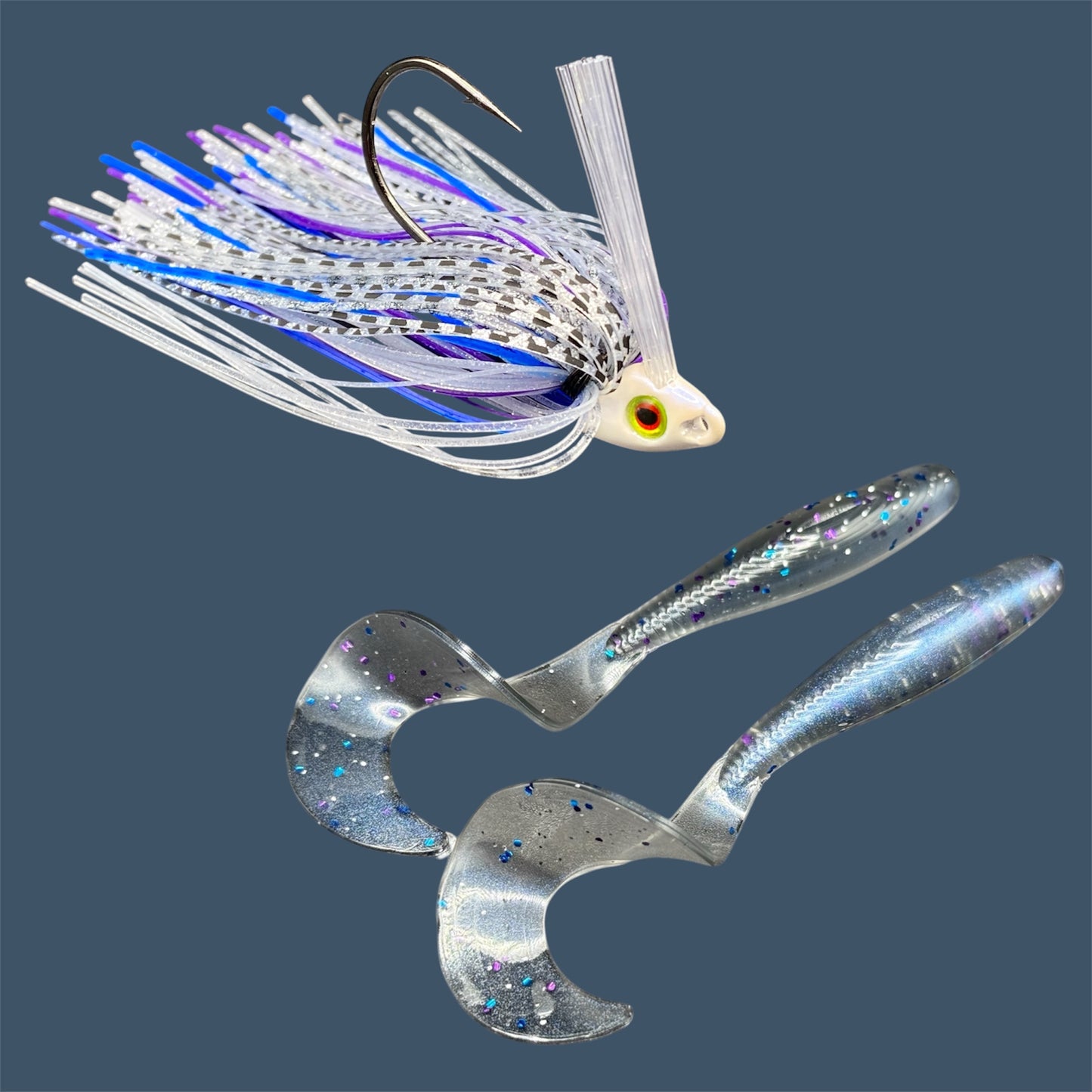 Fishing lure bundle with a high-quality jig and soft plastic bait, perfect for freshwater and saltwater fishing with a variety of soft plastic lures. Shown here in color Smoke Show (Smoke over Blue Pearl) is a hand tied white swim jig paired with Big League Bait Single Tail Grub
