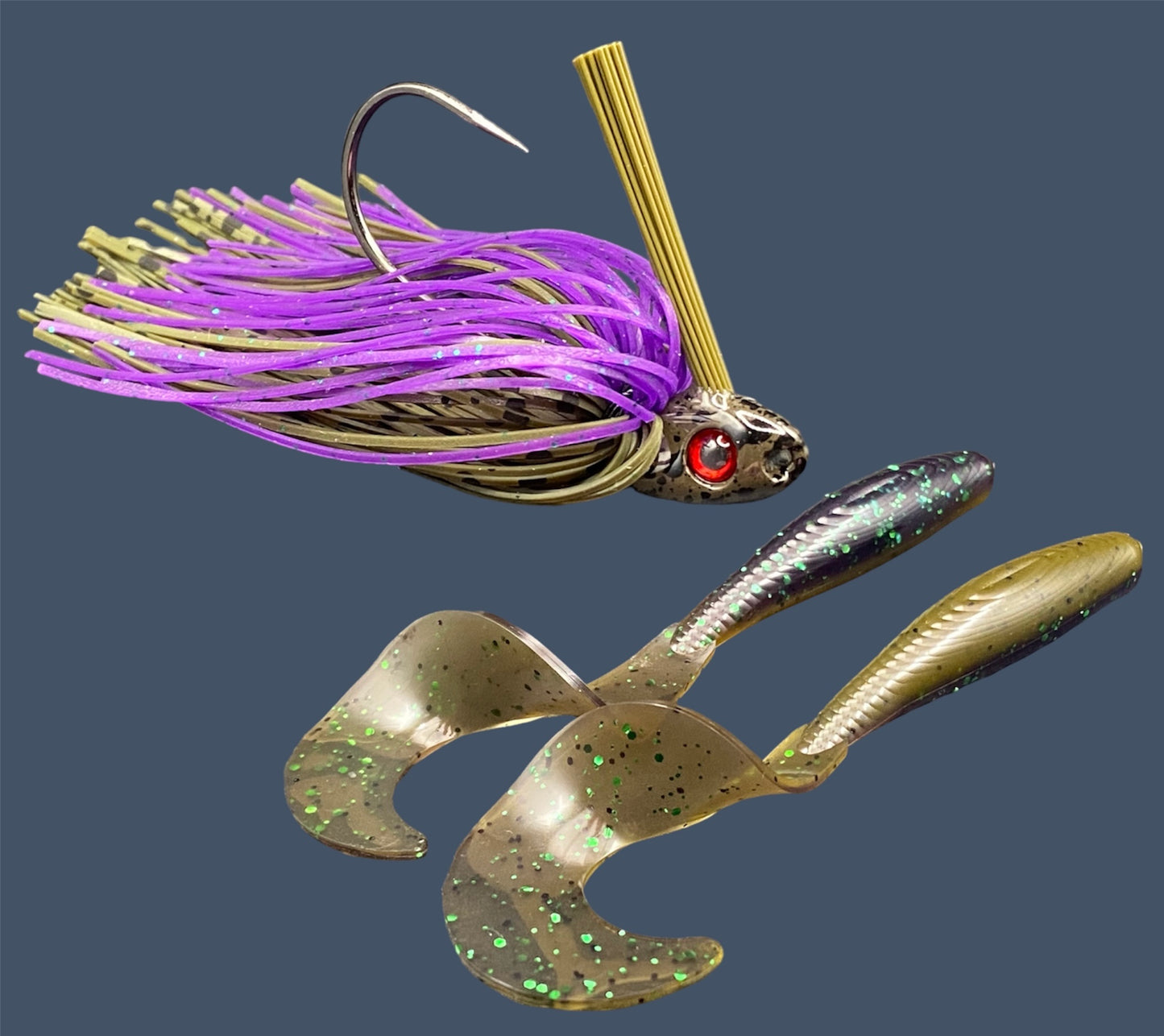 Fishing lure bundle with a high-quality jig and soft plastic bait, perfect for freshwater and saltwater fishing with a variety of soft plastic lures. Shown here in color Swamp Juice (Purple over Green Pumpkin) is a hand tied Green Pumpkin swim jig paired with Big League Bait Single Tail Grub