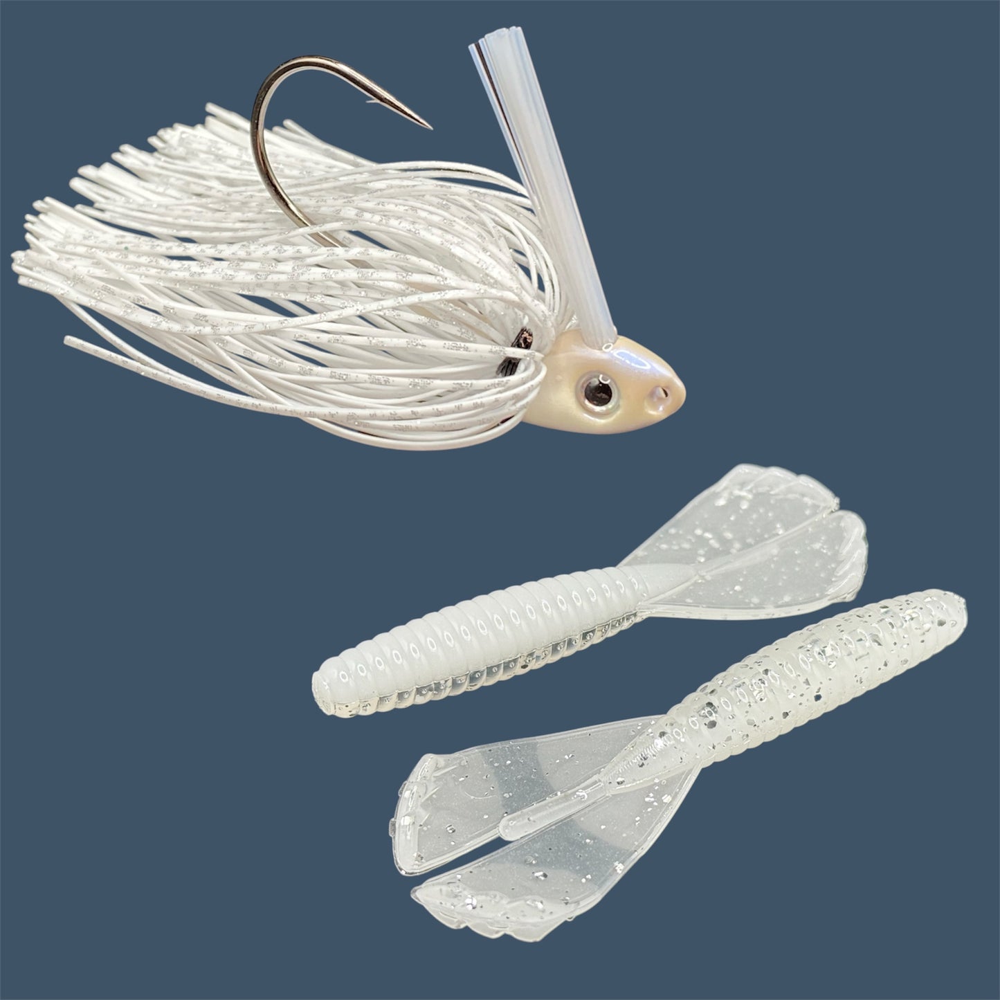 Fishing lure bundle with a high-quality jig and soft plastic bait, perfect for freshwater and saltwater fishing with a variety of soft plastic lures. Shown here in color White Ice (White) is a hand tied white swim jig paired with Big League Bait Grub 3.5"