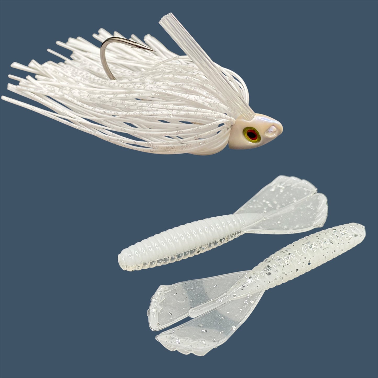 Fishing lure bundle with a high-quality jig and soft plastic bait, perfect for freshwater and saltwater fishing with a variety of soft plastic lures. Shown here in color White Ice (White) is a hand tied white swim jig paired with Big League Bait Grub 3.5"