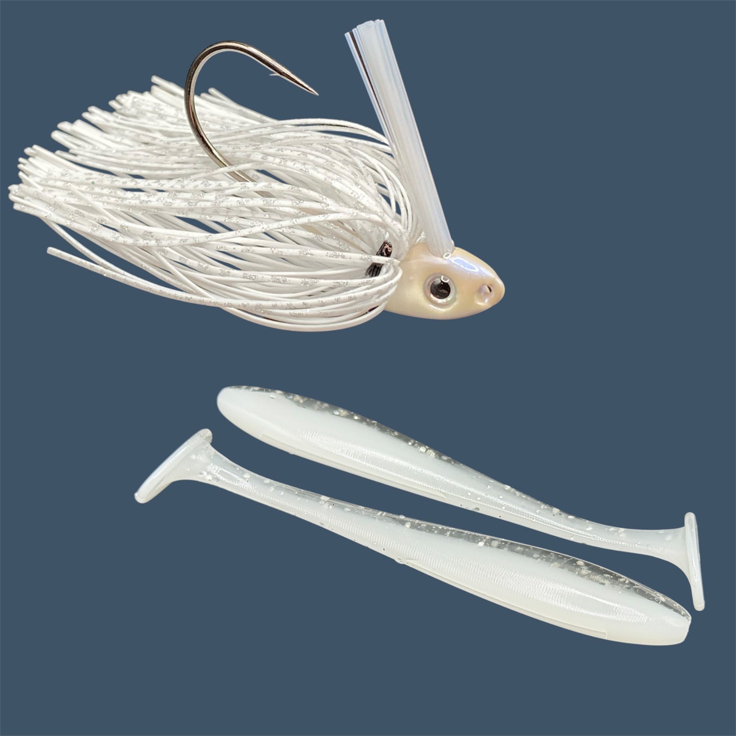 Fishing lure bundle with a high-quality jig and soft plastic bait, perfect for freshwater and saltwater fishing with a variety of soft plastic lures. Shown here in color White Ice (White) is a hand tied white swim jig paired with Big League Bait Pro Swim (Swim bait style soft plastic lure)