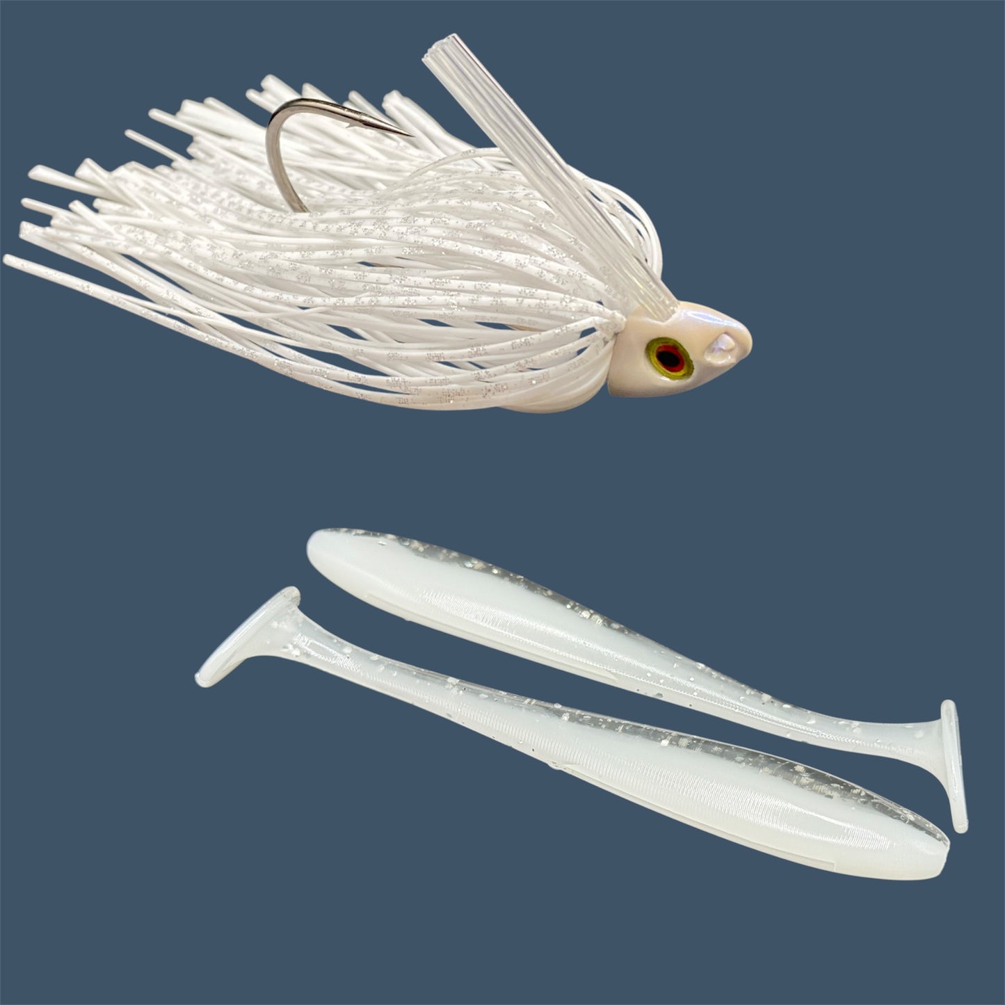 Fishing lure bundle with a high-quality jig and soft plastic bait, perfect for freshwater and saltwater fishing with a variety of soft plastic lures. Shown here in color White Ice (White) is a hand tied white swim jig paired with Big League Bait Pro Swim (Swim bait style soft plastic lure)