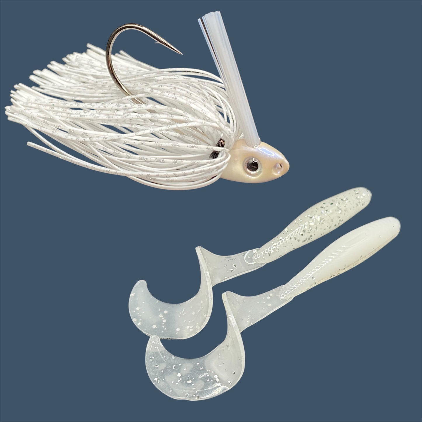 Fishing lure bundle with a high-quality jig and soft plastic bait, perfect for freshwater and saltwater fishing with a variety of soft plastic lures. Shown here in color White Ice (White) is a hand tied white swim jig paired with Big League Bait Single Tail Grub