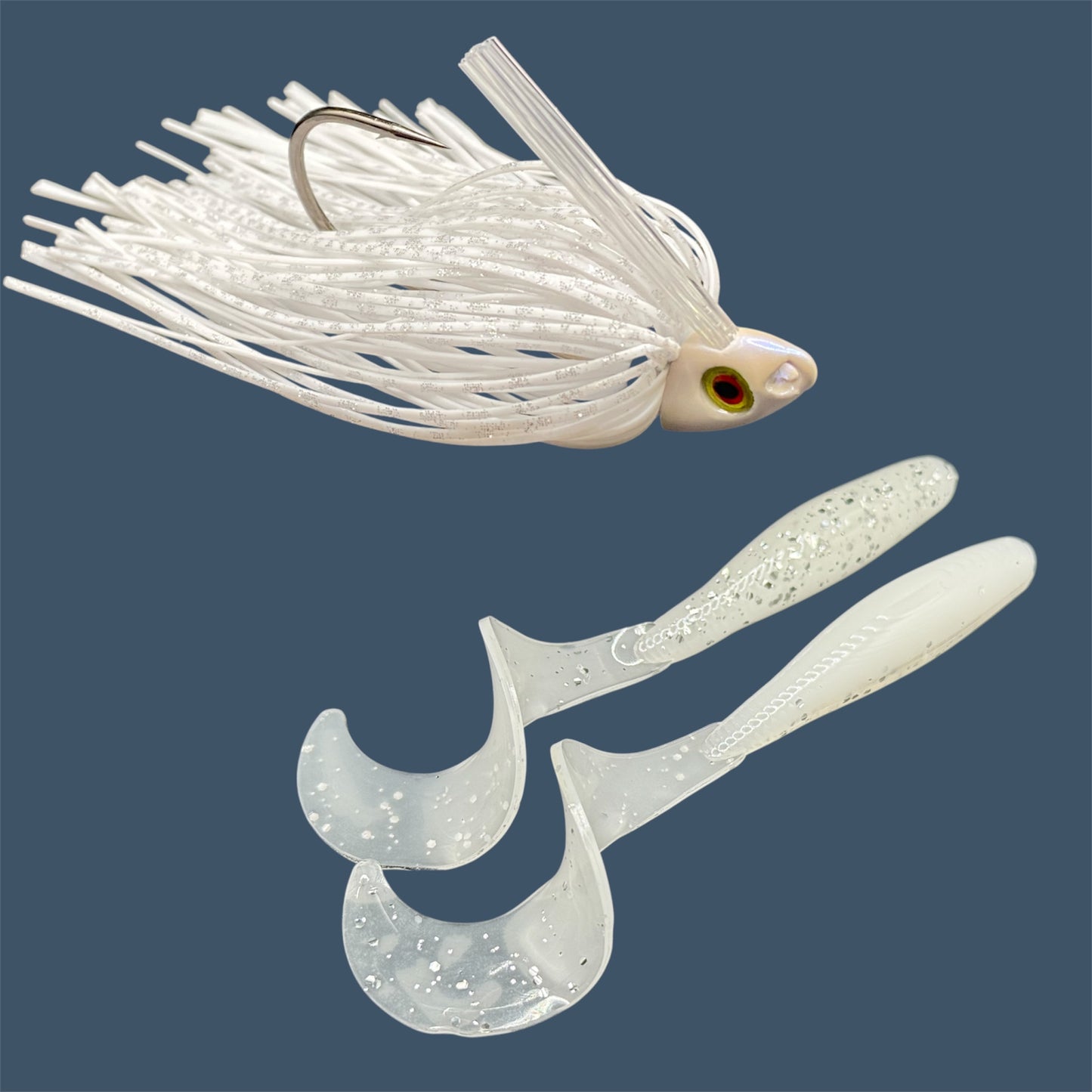 Fishing lure bundle with a high-quality jig and soft plastic bait, perfect for freshwater and saltwater fishing with a variety of soft plastic lures. Shown here in color White Ice (White) is a hand tied white swim jig paired with Big League Bait Single Tail Grub