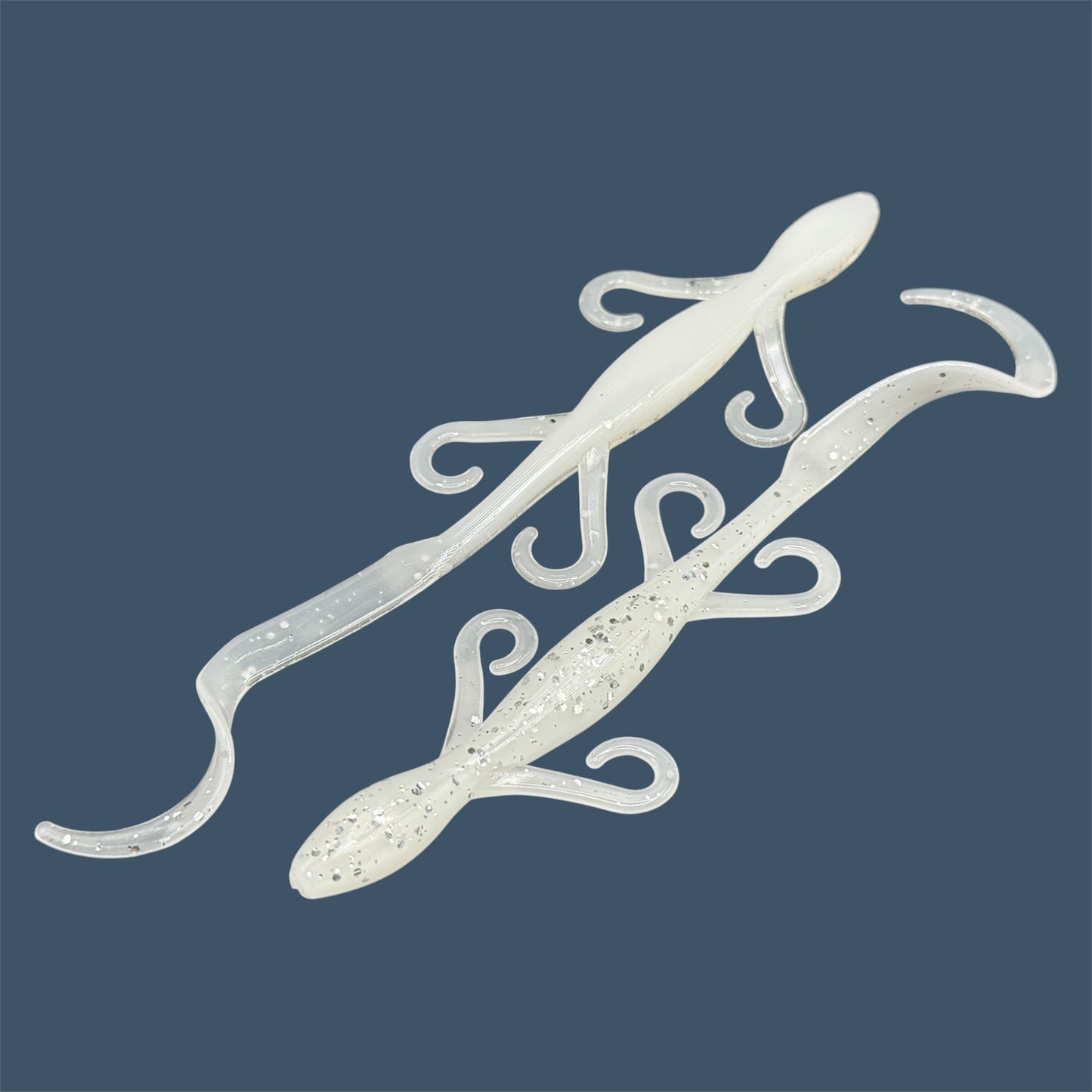 Lizard creature bait with sleek body, free-flowing appendages, and curl tail, ideal for Texas and Carolina rigs, shown in White Ice (White with Silver flake) a proven fish-catching color