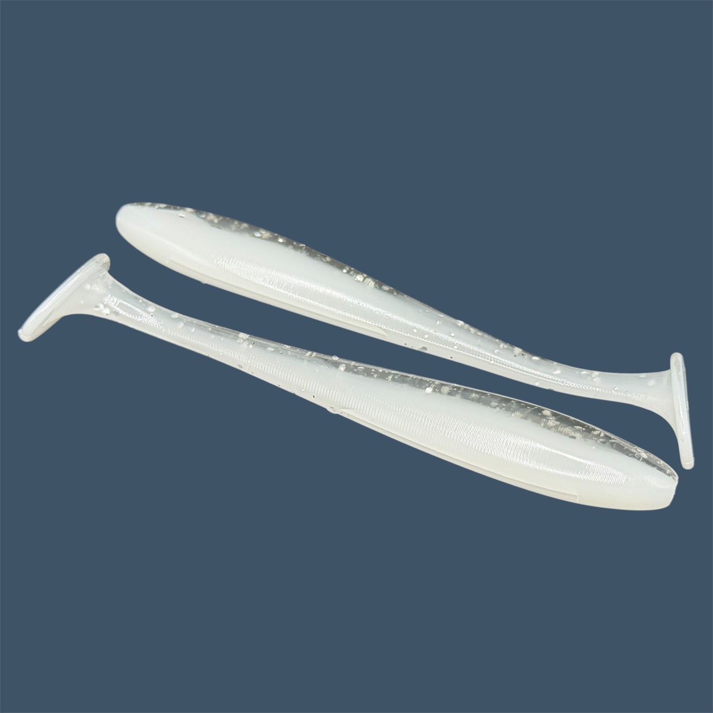 Pro Swim 4-inch paddle tail soft plastic swimbait with realistic shad shape and hook slot, shown in White Ice a proven fish-catching color