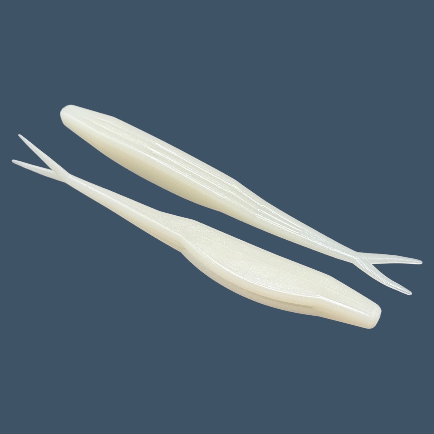 Split Tail Shad soft plastic Fluke style bait with realistic shad appearance, featuring a slotted belly for weedless rigging. Jerkbait in White Pearl (White) a proven fish-catching color