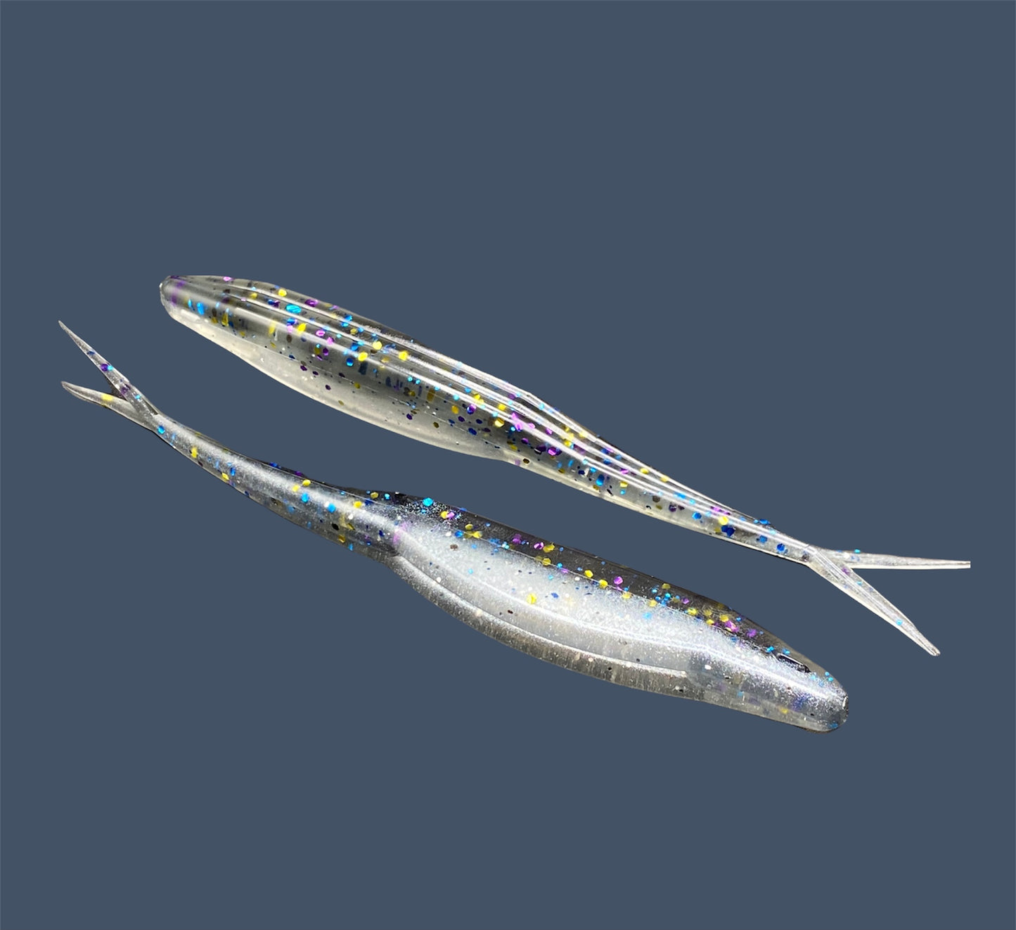 Split Tail Shad soft plastic Fluke style bait with realistic shad appearance, featuring a slotted belly for weedless rigging. Jerkbait shown in Bait Fish a proven fish-catching color