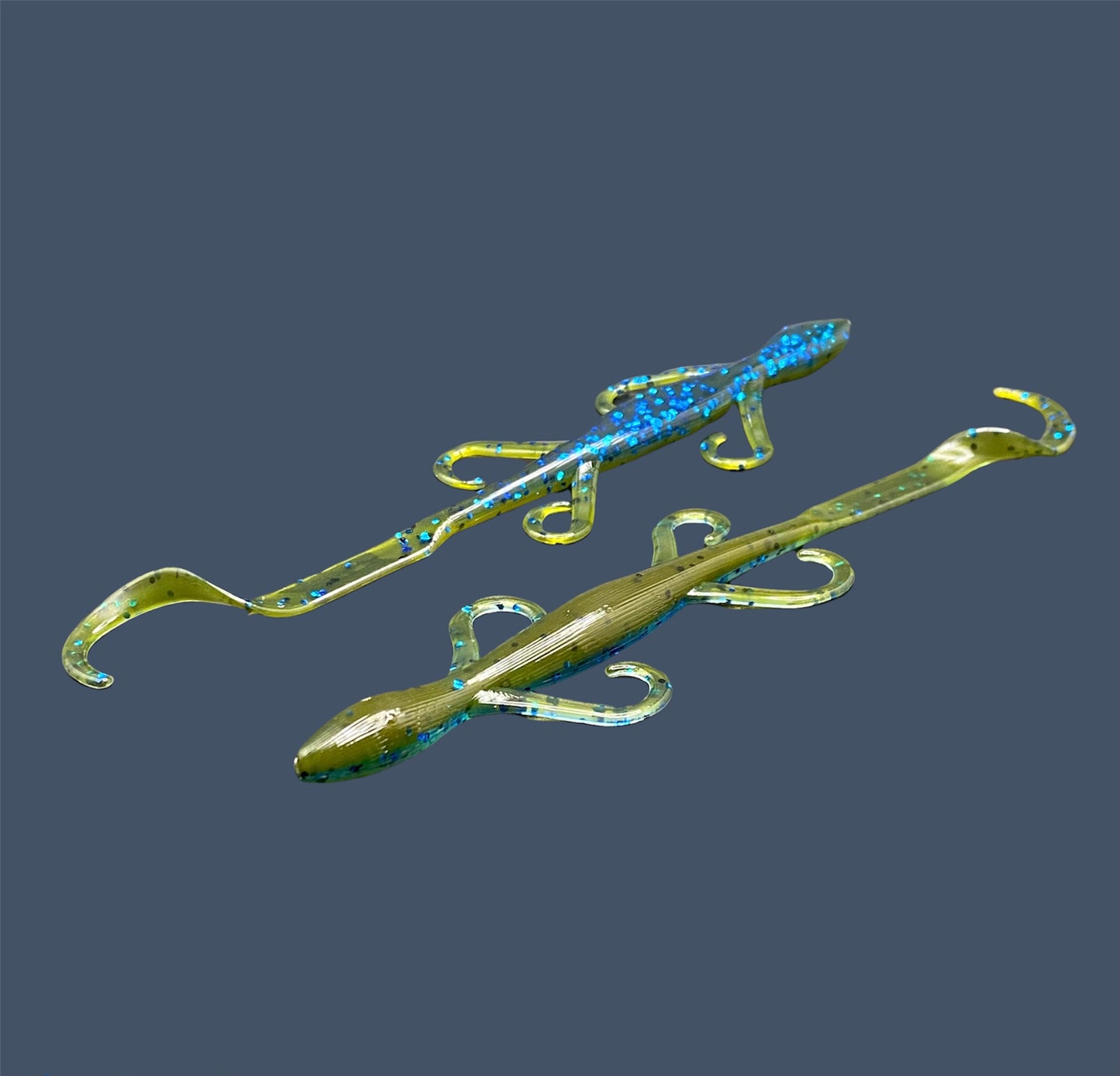 Lizard creature bait with sleek body, free-flowing appendages, and curl tail, ideal for Texas and Carolina rigs, shown in Big "O" (Green Pumpkin with Blue Flake) a proven fish-catching color
