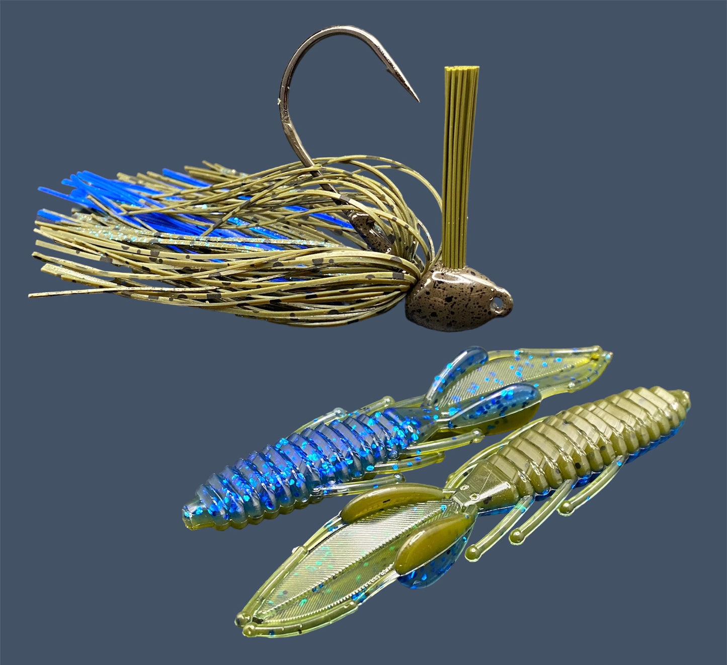 Fishing lure bundle with a high-quality jig and soft plastic bait, perfect for bass fishing with a variety of soft plastic lures. Shown here in color Big "O" (Green Pumpkin and Blue Flake) is a hand tied green pumpkin flipping jig paired with Big League Bait Bed Wrecker (Creature style bait with pull apart appendages)