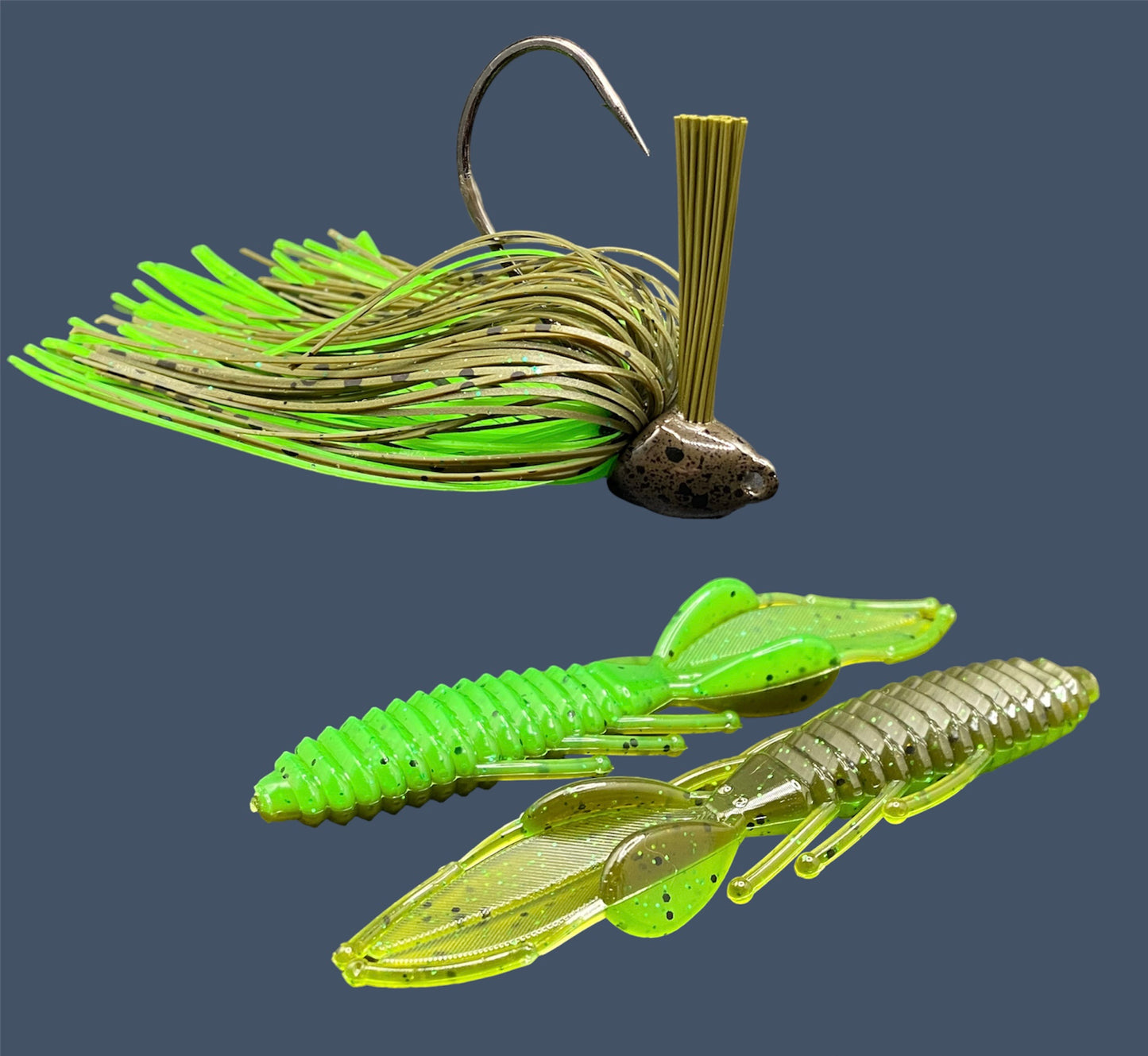 Fishing lure bundle with a high-quality jig and soft plastic bait, perfect for bass fishing with a variety of soft plastic lures. Shown here in color Envy (Green Pumpkin over Green) is a hand tied green pumpkin flipping jig paired with Big League Bait Bed Wrecker (Creature style bait with pull apart appendages)