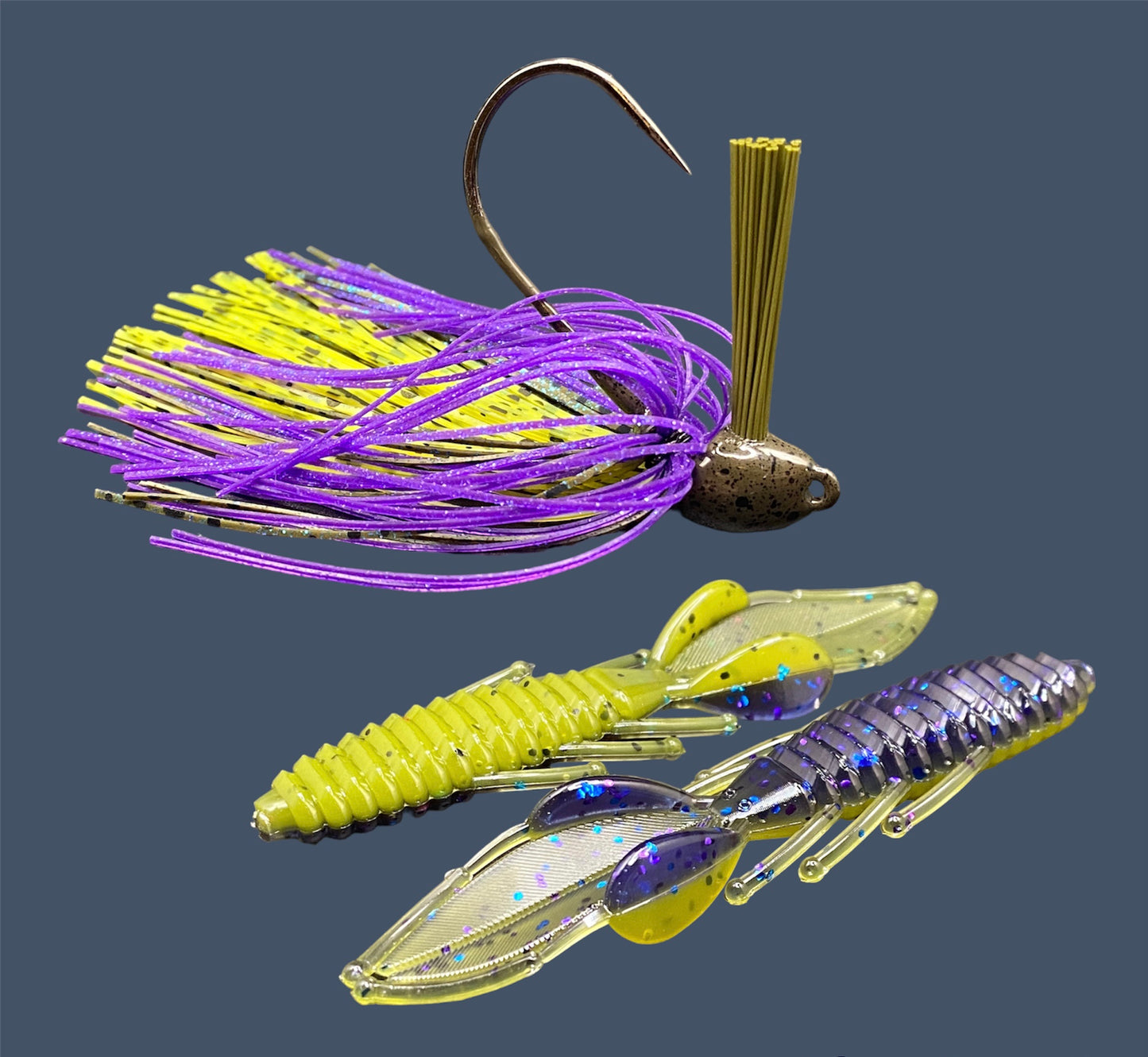 Fishing lure bundle with a high-quality jig and soft plastic bait, perfect for bass fishing with a variety of soft plastic lures. Shown here in color Luau (Purple over Banana Seed) is a hand tied Green Pumpkin flipping jig paired with Big League Bait Bed Wrecker (Creature style bait with pull apart appendages)