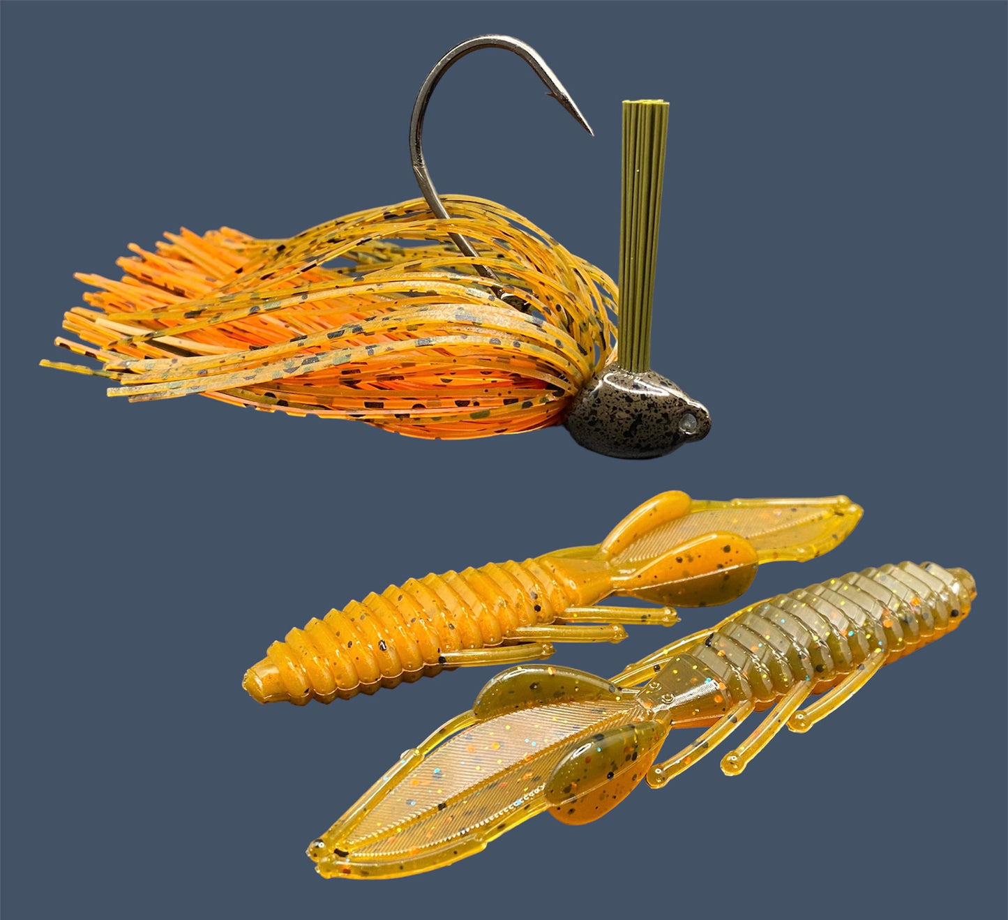 Fishing lure bundle with a high-quality jig and soft plastic bait, perfect for bass fishing with a variety of soft plastic lures. Shown here in color Pumpkin Spice (Green Pumpkin over Orange) is a hand tied green pumpkin flipping jig paired with Big League Bait Bed Wrecker (Creature style bait with pull apart appendages)