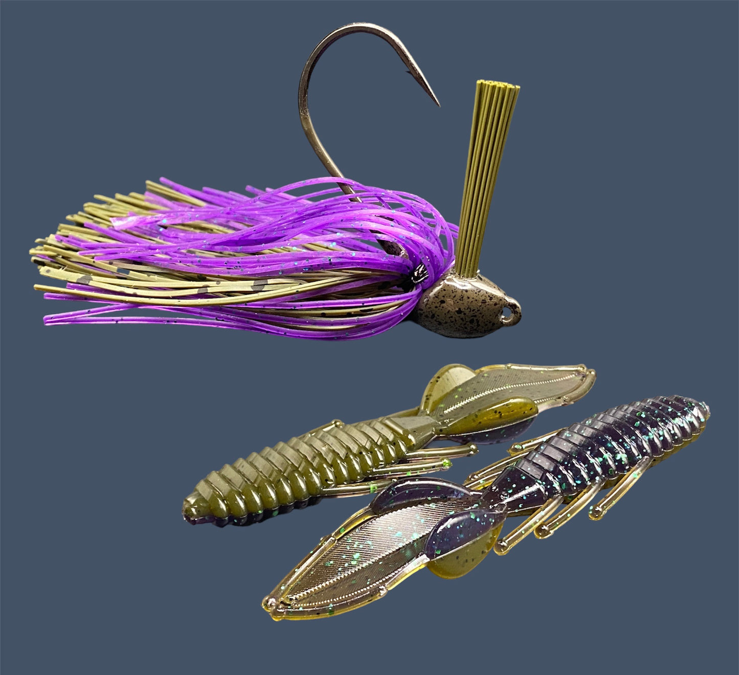 Fishing lure bundle with a high-quality jig and soft plastic bait, perfect for bass fishing with a variety of soft plastic lures. Shown here in color Swamp Juice (Purple over Green Pumpkin) is a hand tied green pumpkin flipping jig paired with Big League Bait Bed Wrecker (Creature style bait with pull apart appendages)