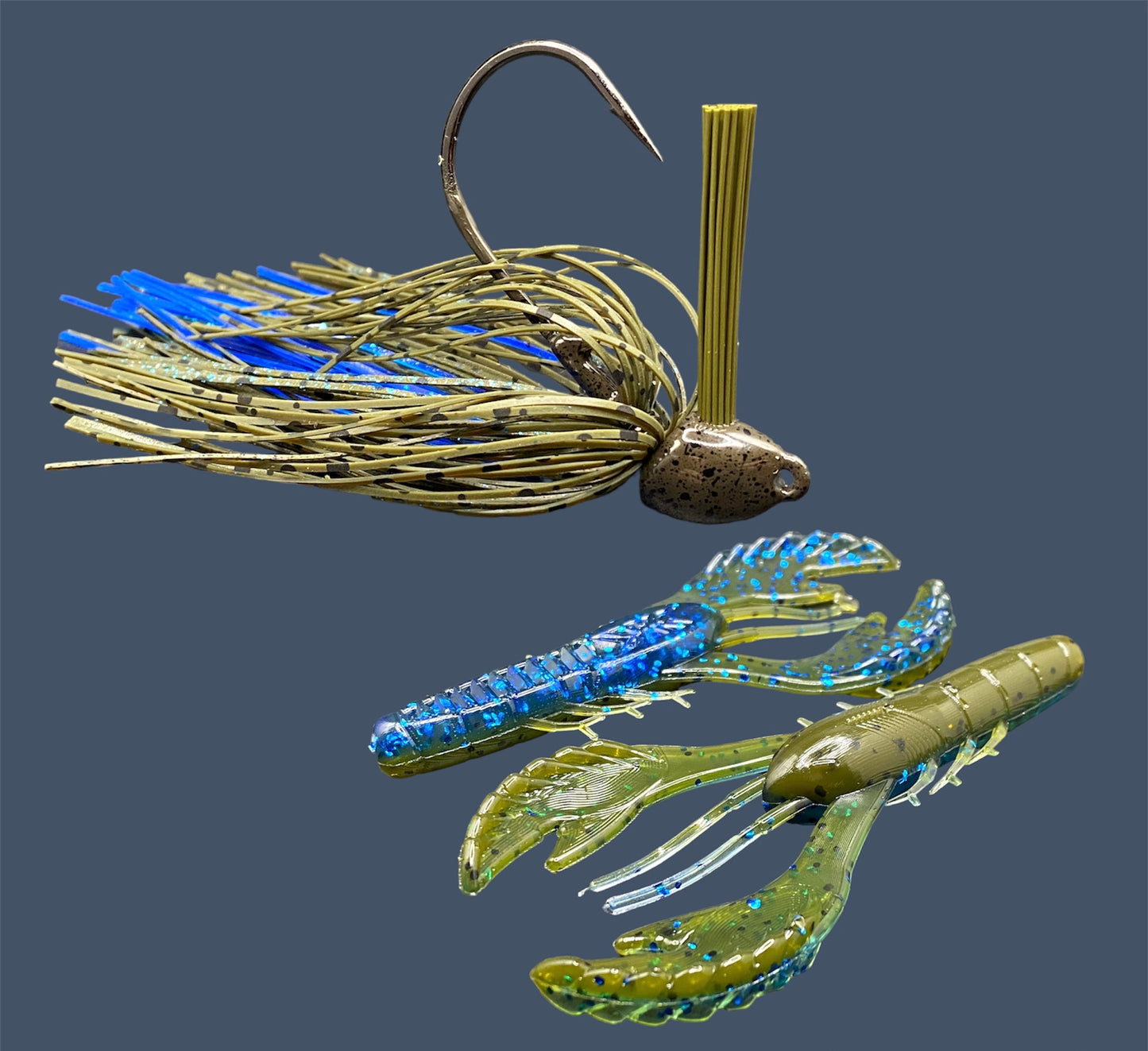 Fishing lure bundle with a high-quality jig and soft plastic bait, perfect for bass fishing with a variety of soft plastic lures. Shown here in color Big "O" (Green Pumpkin and Blue Flake) is a hand tied green pumpkin flipping jig paired with Big League Bait Commotion Craw (Craw style soft plastic bait)