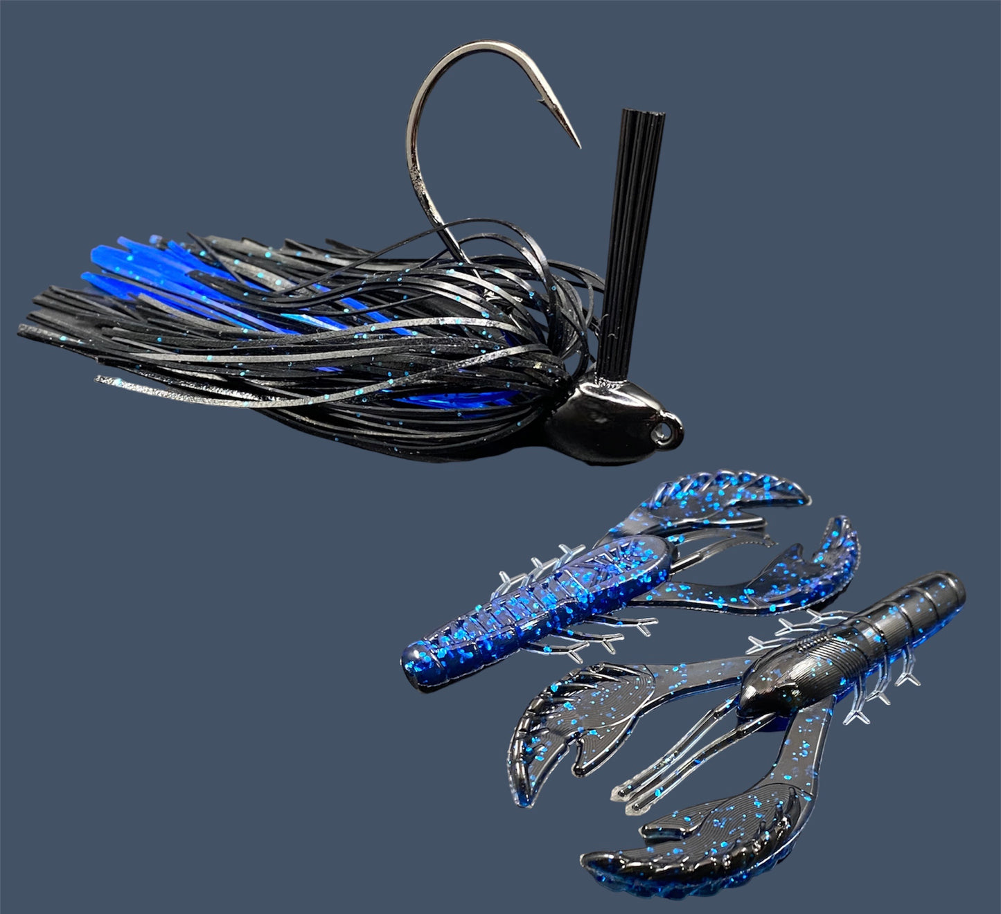 Fishing lure bundle with a high-quality jig and soft plastic bait, perfect for bass fishing with a variety of soft plastic lures. Shown here in color Black Sapphire (Black over blue flake) is a hand tied black flipping jig paired with Big League Bait Commotion Craw (Craw style soft plastic bait)