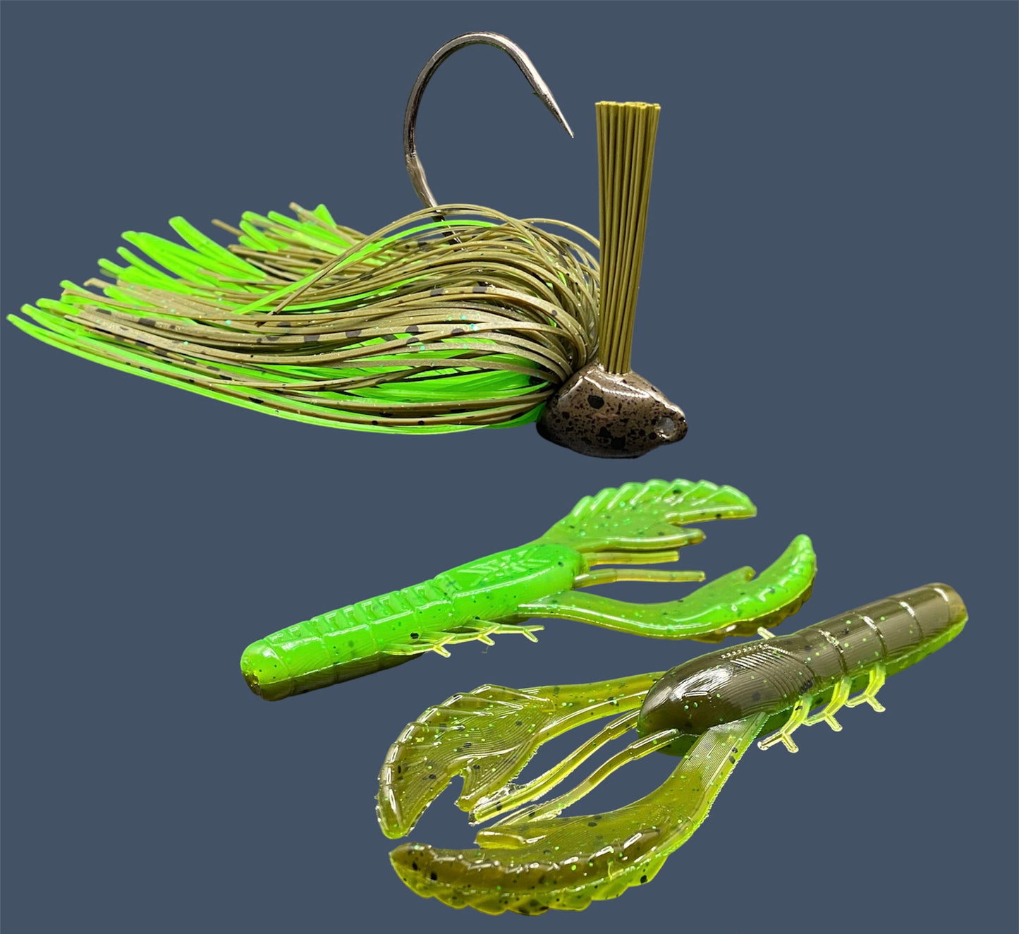 Fishing lure bundle with a high-quality jig and soft plastic bait, perfect for bass fishing with a variety of soft plastic lures. Shown here in color Envy (Green Pumpkin over Green) is a hand tied green pumpkin flipping jig paired with Big League Bait Commotion Craw (Craw style soft plastic bait)