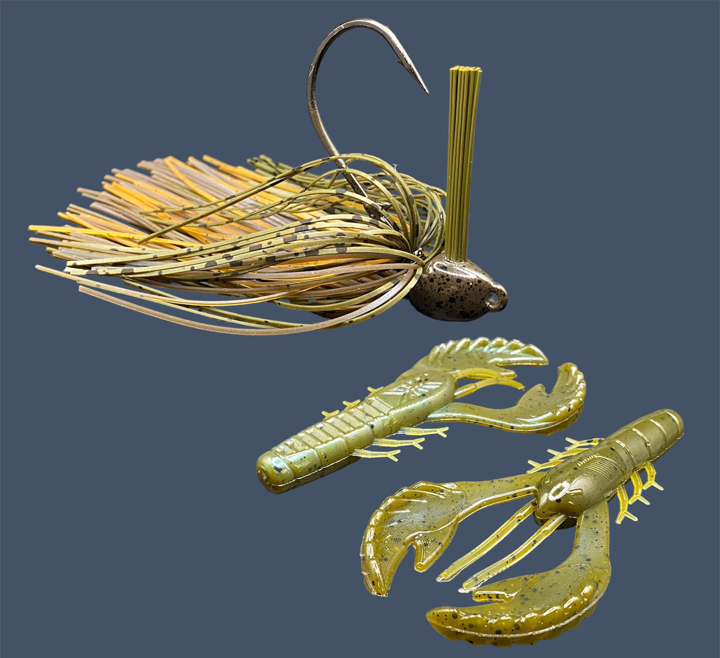 Fishing lure bundle with a high-quality jig and soft plastic bait, perfect for bass fishing with a variety of soft plastic lures. Shown here in color Magic Craw (Green Pumpkin and Blue) is a hand tied green pumpkin flipping jig paired with Big League Bait Commotion Craw (Craw Style Soft Plastic Bait)